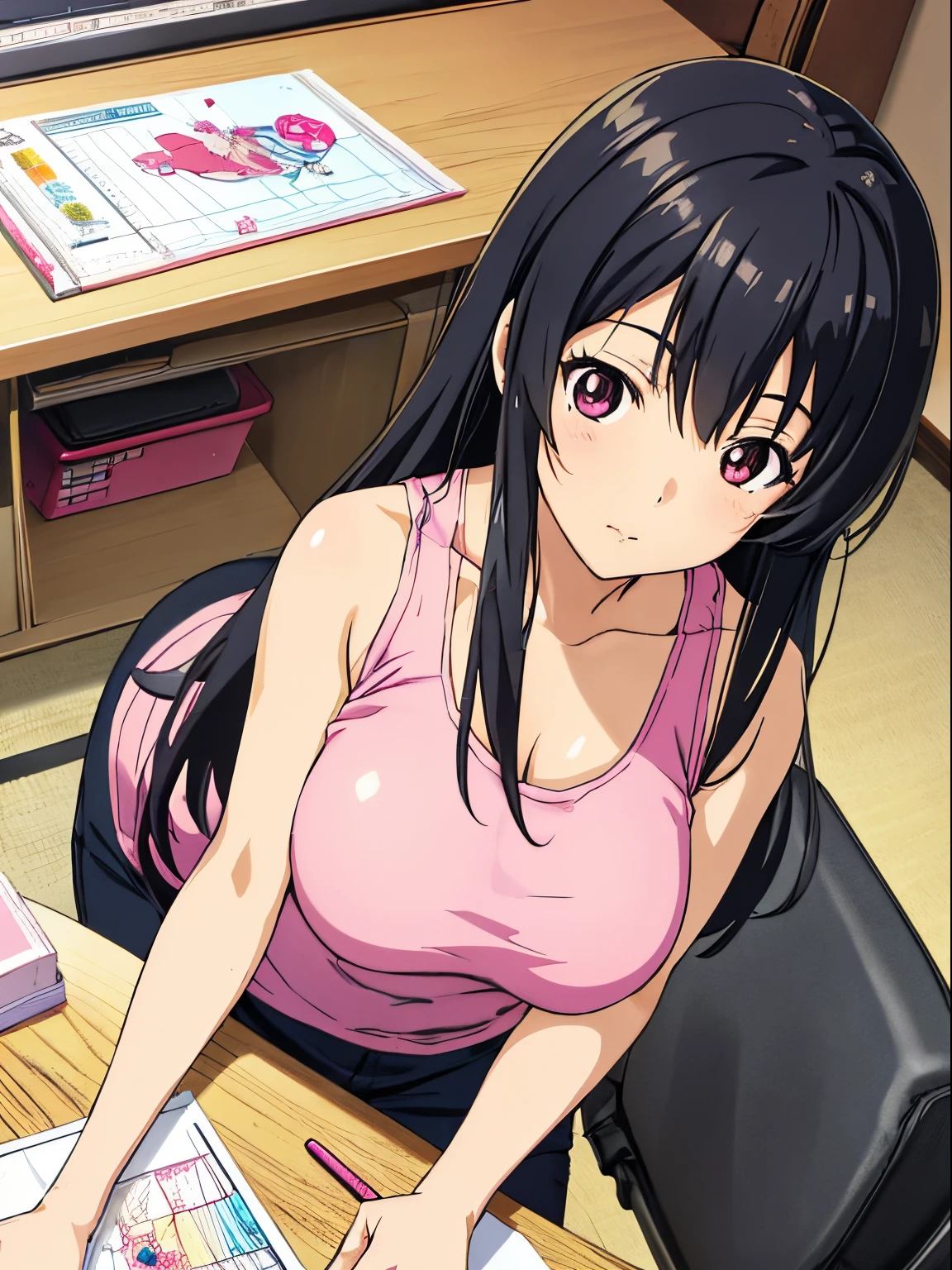 Best Quality, masutepiece, hight resolution, Detailed, Digital Illustration, Megumi Kato, Black hair, Long hair, Large breasts, Home, desk work, Drawing, Pink tank top,