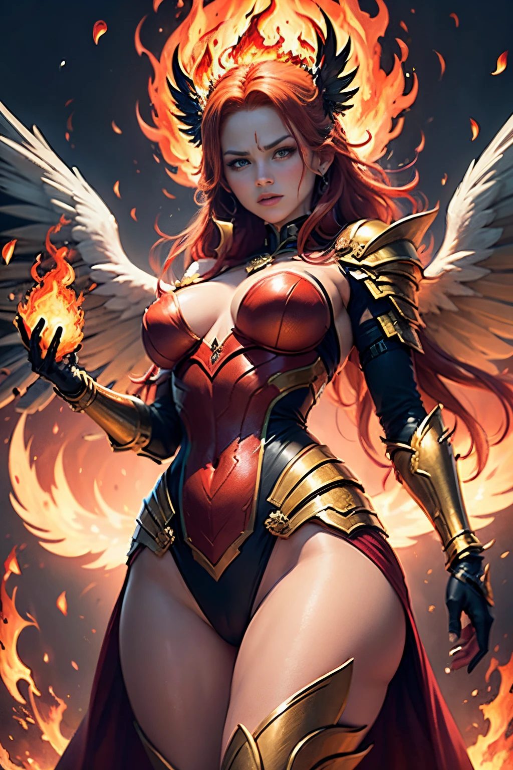 Masterpiece, ultra detailed, best quality, 8k !(a angel woman with a red hair and a gold costume, appears as the fire goddess, hot fire goddess, with fiery red-black wings of flame, with fiery golden wings, the butterfly goddess of fire, goddess of fire, fire goddess, phoenix warrior, redhead queen in heavy red armor, goddess of anger, red haired goddess, she has fire powers)