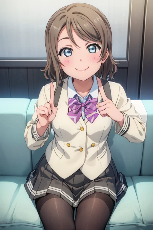 (((pixel perfect, Detail Perfect))), bad hand，Well-formed five-finger，Solo, 1girl in, Watanabe, uranohoshi school uniform, bowtie, Looking at Viewer, Smile，black pantyhose king