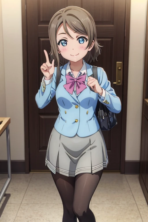 (((pixel perfect, Detail Perfect))), Bad Hand,Well-formed five-finger,Solo, 1girl in, Watanabe, uranohoshi school uniform, bowtie, Looking at Viewer, Smile,Black Pantyhose King