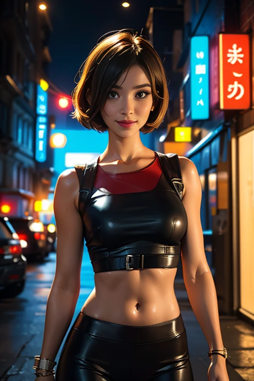 Christmas background, Maria Gomez (resident evil), Invisible woman, transparent see-through woman, bright colors combat pants, multi-color hair, Christmas, neon lights, cyberpunk, upper body, fashion photography, high detail face, nice smile