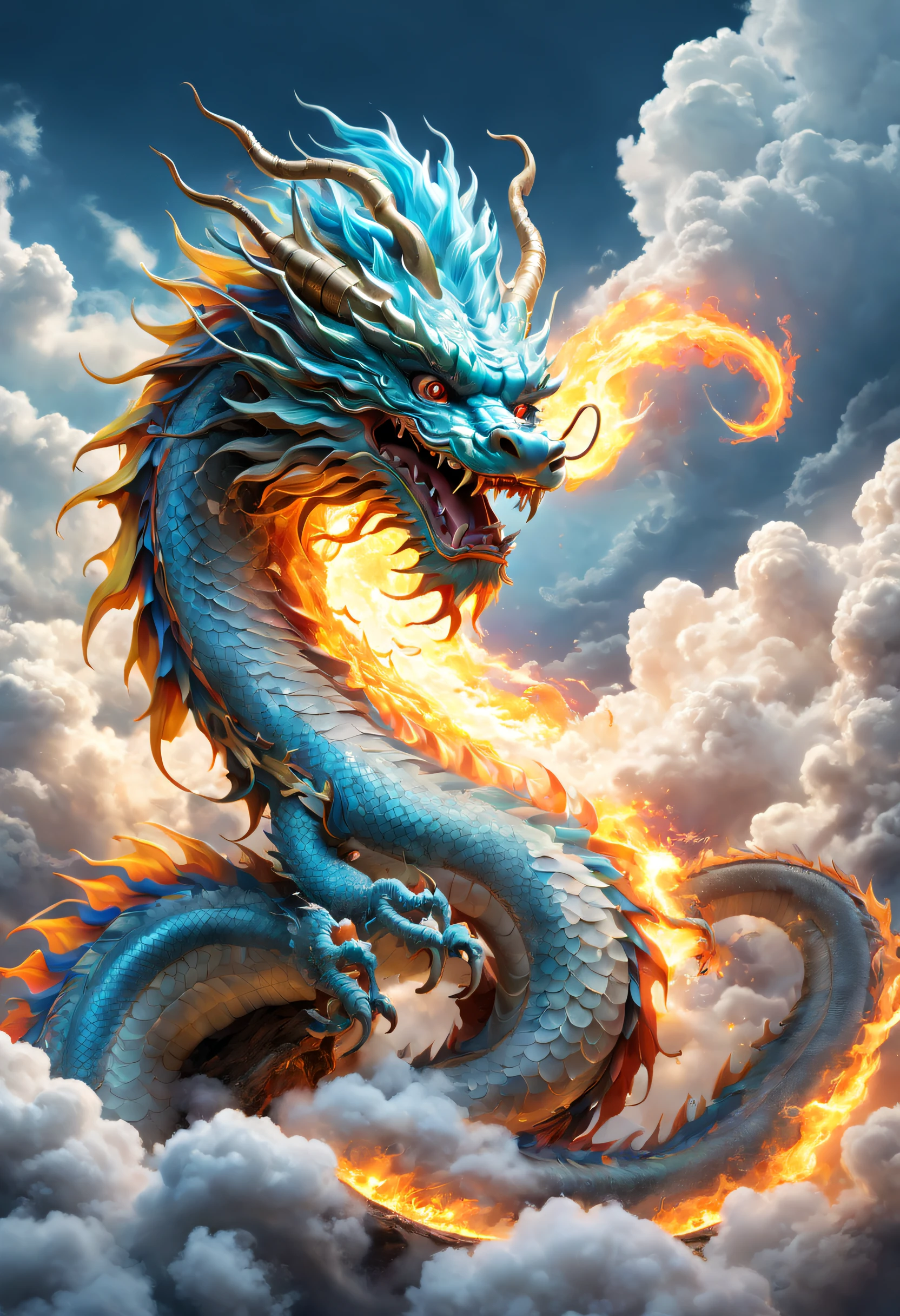 (The main subject: wide wide shot), The flame  light blue,[Multicolored,(Chinese dragon anthropomorphism)], safe,dramatic clouds,(Go deep into the fields), Rich details​, (Wide sky), (sense of vastness),Energy and vitality, Complicated details.(Best quality at best, A high resolution, tmasterpiece:1.2), (actual:1.37), HighDynamicRange。