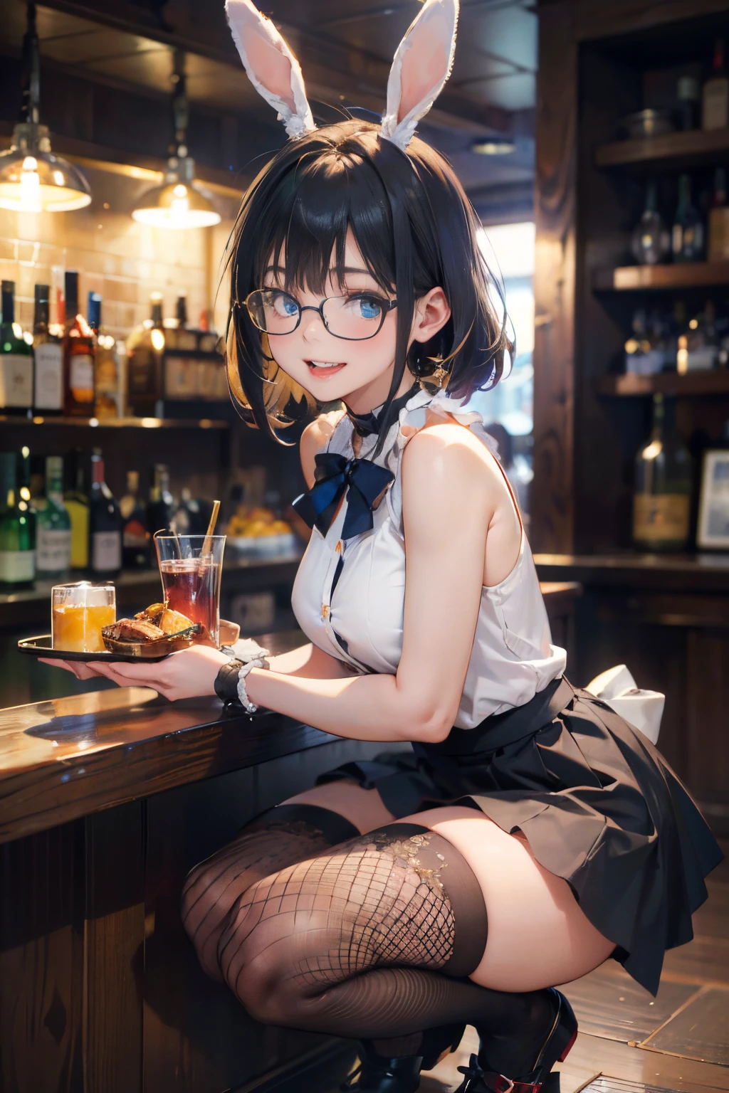 a 20 yo woman、Black blue Hair、Bery short hair、Big smile、(hi-top fade:1.3)、dark themed、Muted Tones、Subdued Color、highly contrast、(natural skin textures、Hyper-Realism、Soft light、sharp)、Best Quality, 超A high resolution, (Photorealistic:1.4), 1womanl, sleeveless white button shirt, Black skirt, Black Choker, ((Glasses)), (Kpop Idol), (aegyo sal:1), (Platinum blonde gray hair:1), ((Puffy eyes)), Looking at Viewer, Full body, Flowers、Full body, (a bar counter、shop front:1.4)、deep-shadows、Beautiful face with detailed face and eyes、blurry backround、20-year-old beauty、shinny skin, Beautiful wavy golden hair、 poneyTail、Beautiful face with blue eyes、blurry backround、 Bunny Girl、High-cut leotards、a bow tie、White cuffs、Thighs wrapped in fishnet stockings Rabbit ears are missing、Have a tray of liquor、crouching down、An embarrassed smile with an open mouth、Curve、