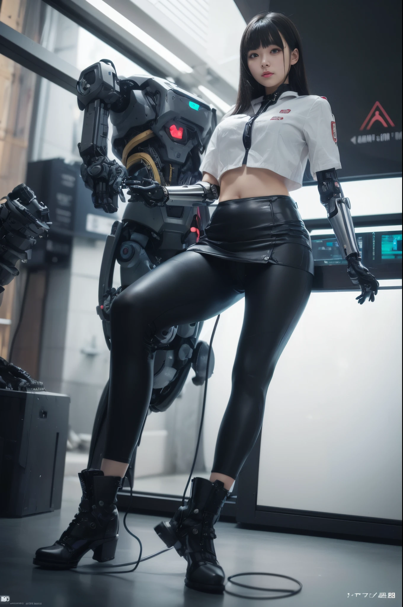 masutepiece, Best Quality, Extremely detailed, (Photorealistic:1.4), (8K, 4K, Best Quality, hight resolution, 超A high resolution:1.1), 8K portrait,1girl in, Japaese Cyborg Girl,Plump , announcer,control panels,android,Droid,Mechanical Hand, ,Robot arms and legs, Black Robot Parts,Black hair,Mechanical body,Blunt bangs,White Robotics Parts,perfect robot woman,Charging spot,Long Tube,A thick cable was connected to her neck,ceramic body ,Mechanical body, mechanical ear covers,android,robot humanoid,loose boots,dark black leggings,tight skirt,a bit chubby,panty,full eyes,She is exhibits,She is exhibited on exhibition hall,