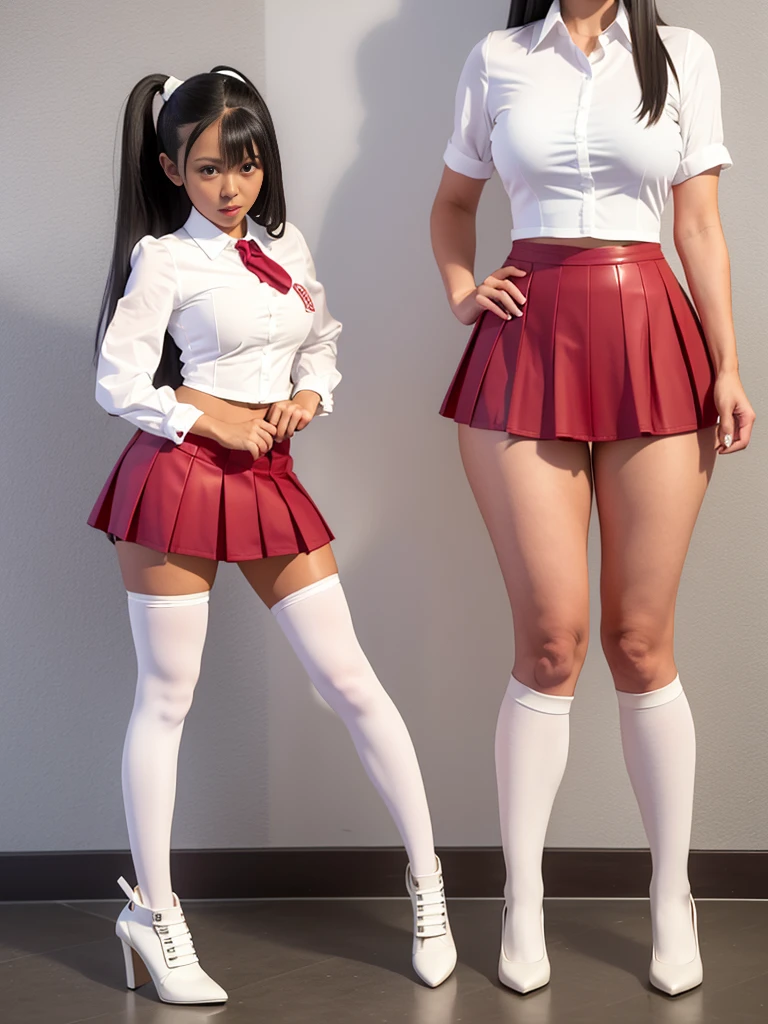 full body, nagatoro hayase, hairclip hair ornament, brown eyes, (dark skin, dark skinned female):1.2, black hair, (gyaru bimbo | bimbo gyaru, thin toned body, long legs, thick thighs, narrow waist), wide hips, beautiful detailed face, detailed body, detailed eyes, (high-waisted pleated red latex round skirt, tight white shirt tucked in, white thighhighs, heels)