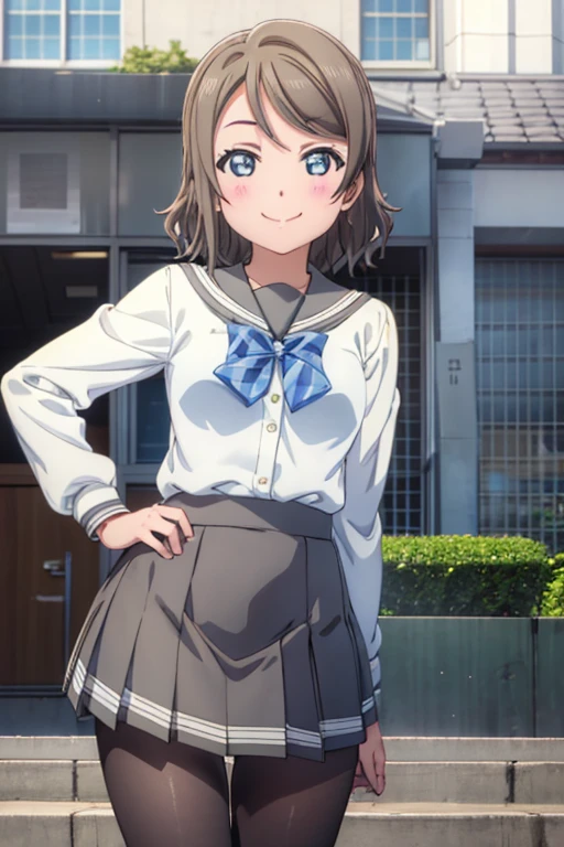 (((pixel perfect, Detail Perfect))), Bad Hand，Well-formed five-finger，Solo, 1girl in, Watanabe, uranohoshi school uniform, bowtie, Looking at Viewer, Smile，Black Pantyhose King