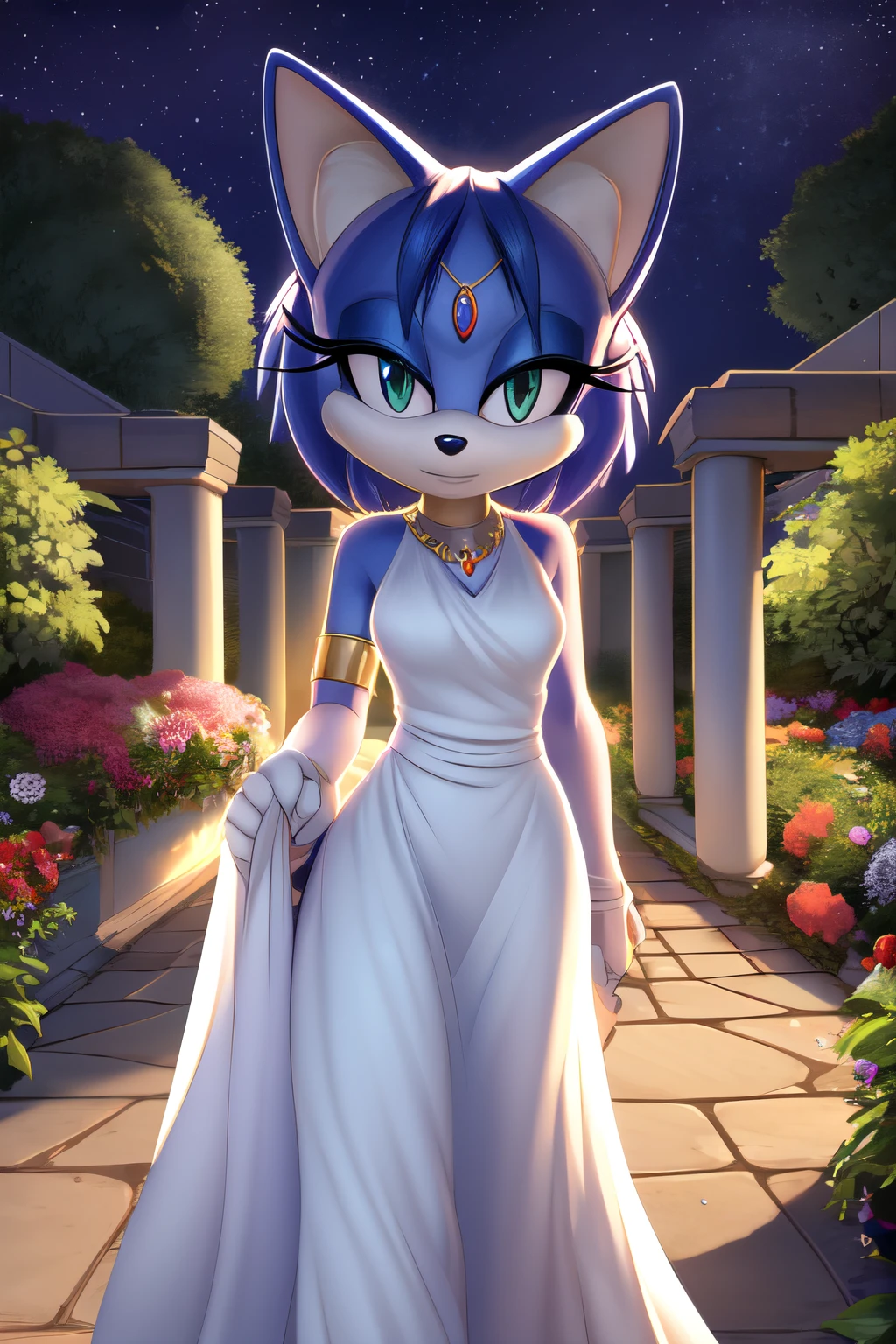 Krystal The Fox, Beautiful, Jewelry, White Dress, Long Dress, Night, Stars, Looking at Viewer, walking, 2D illustration. A Background of a Roman pillars of a garden and flowery and colorful background arches with colorful gardens and trees, upper body, close up.