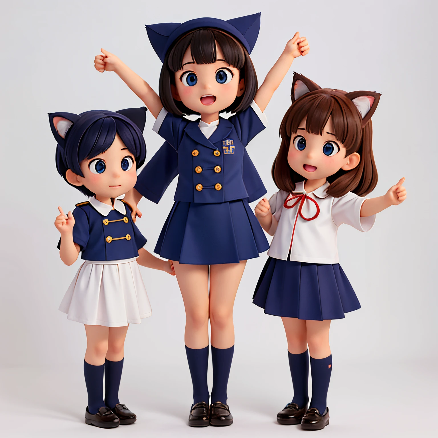 White background。three girls stuck together、The child on the left is in a good pose、The child in the middle and the child on the right are both doing the heart pose.。All three wear navy blue uniforms with cat effects.。