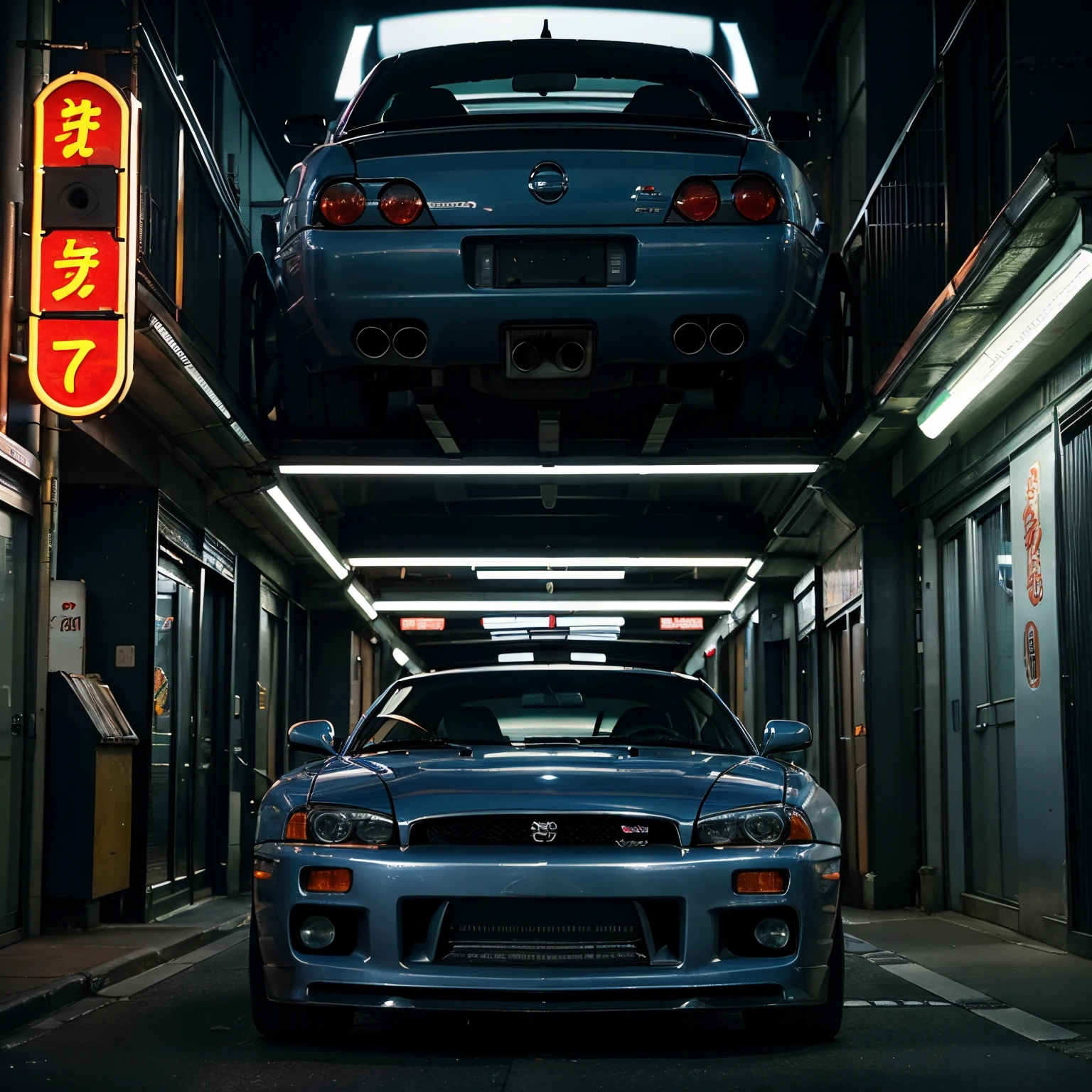 Prompt in English: Envision a captivating scene in Japan, where a 2002 Nissan Skyline R34, identical to the iconic model from the "Fast and Furious" movie, gleams in shades of gray with blue stripes. The car is parked in the midst of a lively urban district in Tokyo, surrounded by bright neon lights and futuristic skyscrapers. The dim lighting accentuates the elegance of the vehicle, and the reflection of city lights on its body creates a stunning visual contrast. This image should capture the dynamic and stylized essence of the car in a vibrant Japanese setting.