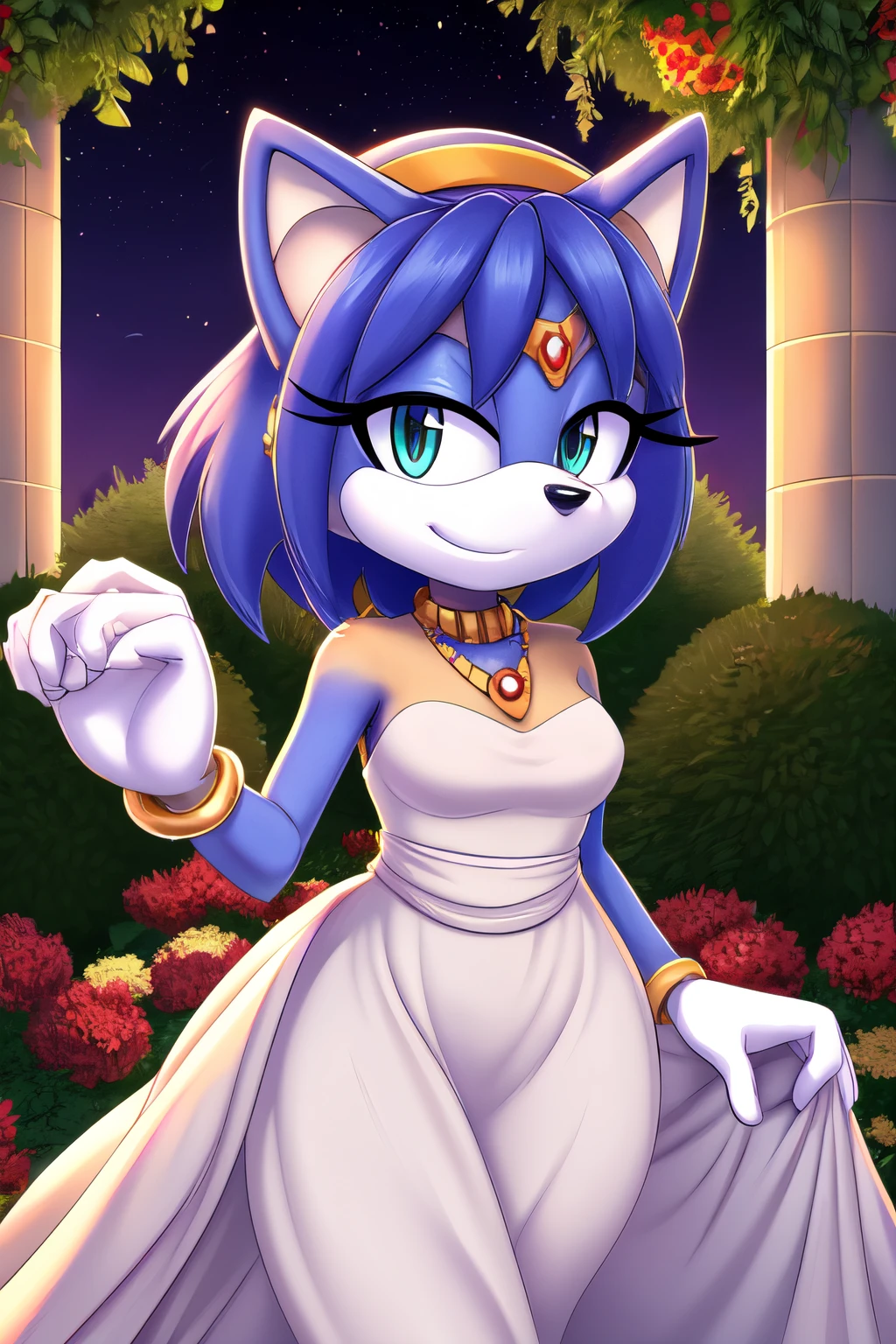 Krystal The Fox, Beautiful, short hair, yellow hairband, smile, Jewelry, White Dress, Long Dress, Night, Stars, Looking at Viewer, walking, 2D illustration. A Background of a Roman pillars of a garden and flowery and colorful background arches with colorful gardens and trees, upper body, close up.