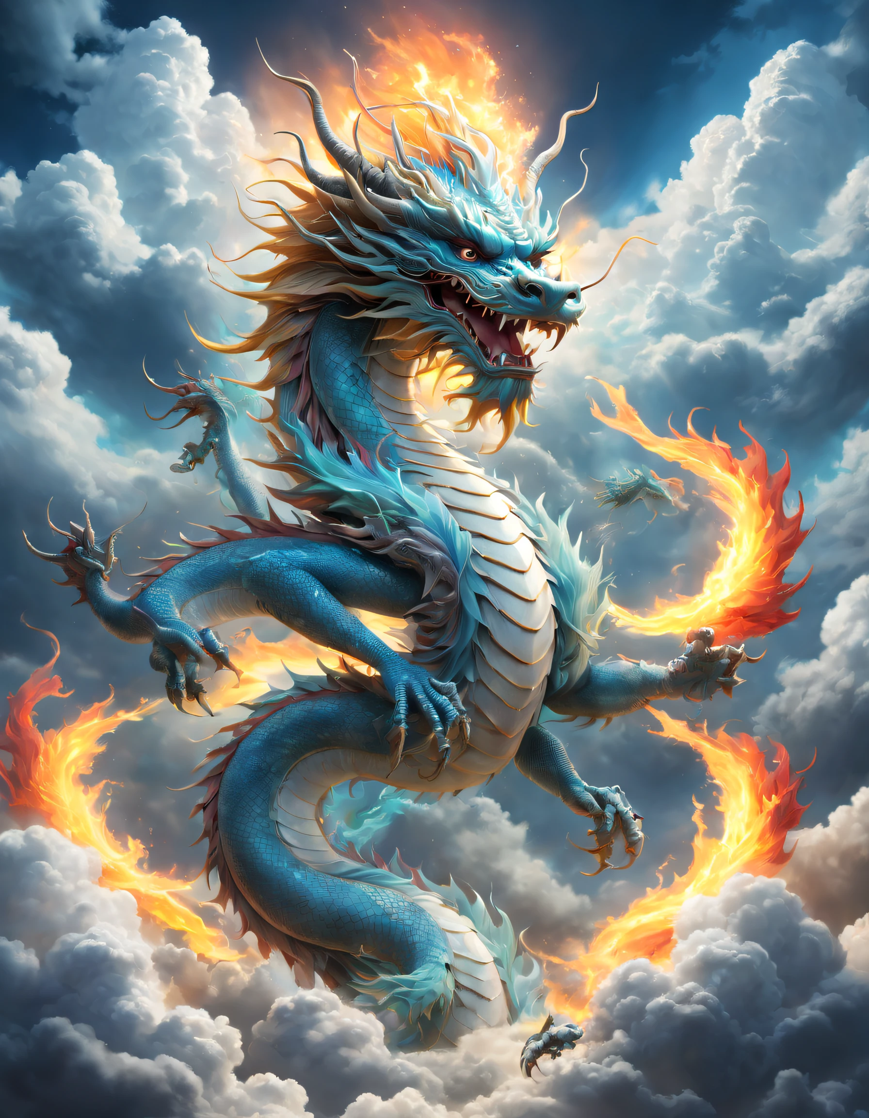 (The main subject: wide wide shot), The flame  light blue,[Multicolored,(Chinese dragon anthropomorphism)], safe,dramatic clouds,(Go deep into the fields), Rich details​, (Wide sky), (sense of vastness),Energy and vitality, Complicated details.(Best quality at best, A high resolution, tmasterpiece:1.2), (actual:1.37), HighDynamicRange。