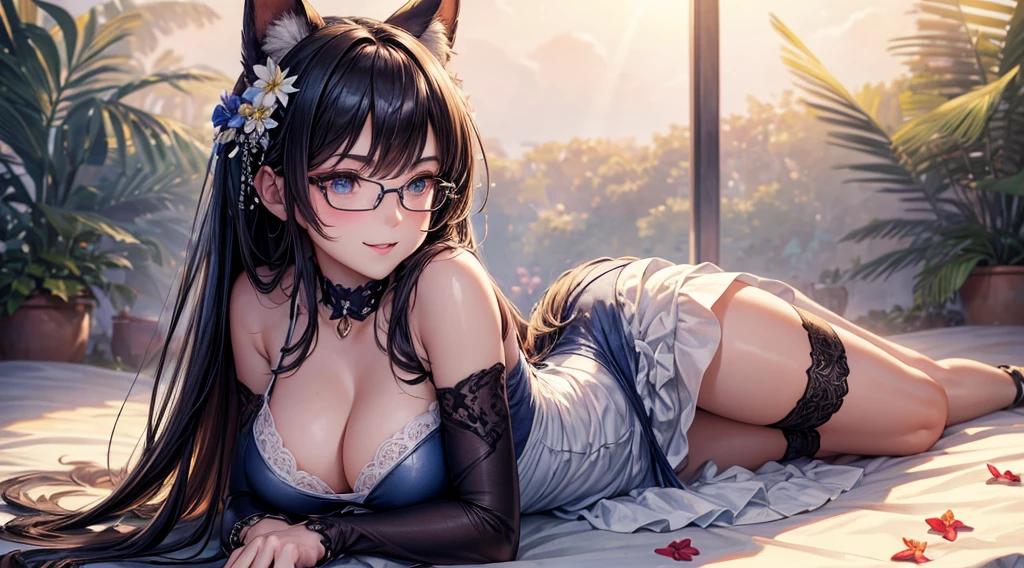 masterpiece, best)), (1girl), (mature woman), Charcoal hair, open-chest seduction, flared, (kemonomimi lady), bangs, medium breasts, glasses lady, (full), slim, smile, [wide hips], standing, 8K picture quality, sexy seduction, (open-chest) (Sharp focus: 1.5), (sharp focus:1.2), (beautiful face:1.1), (eye makeup:1.2), (tight body:1.2), (flowery dress:1.2) (the beach:1.2). (morning sun lighting:1.2), ((Masterpiece)), (highest quality))), (Character design sheet, national costume, same character, front, side, back), (simple background, white background: 1.3) ( Masterpiece:1.2), (Best Quality:1.3) (best quality:1.1) realistic:1.37 long, flowing:1.1 luscious, plump:1.1 sparkling sequins:1.1 subtle, Blue:0.9 soft, warm:1.1 best quality,4k,8k,highres,masterpiece:1.2, realistic,photorealistic,photo-realistic:1.37, ultra-detailed:1.1 busty animal ears, beautiful, detailed ears:1.1 best quality, 4k, highres, masterpiece:1.2 detailed, piercing eyes:1.1 4k, 8k, highres, masterpiece:1.2 very three-dimensional: 1.2 (8k, best quality, masterpiece:1.2 ((masterpiece, best))