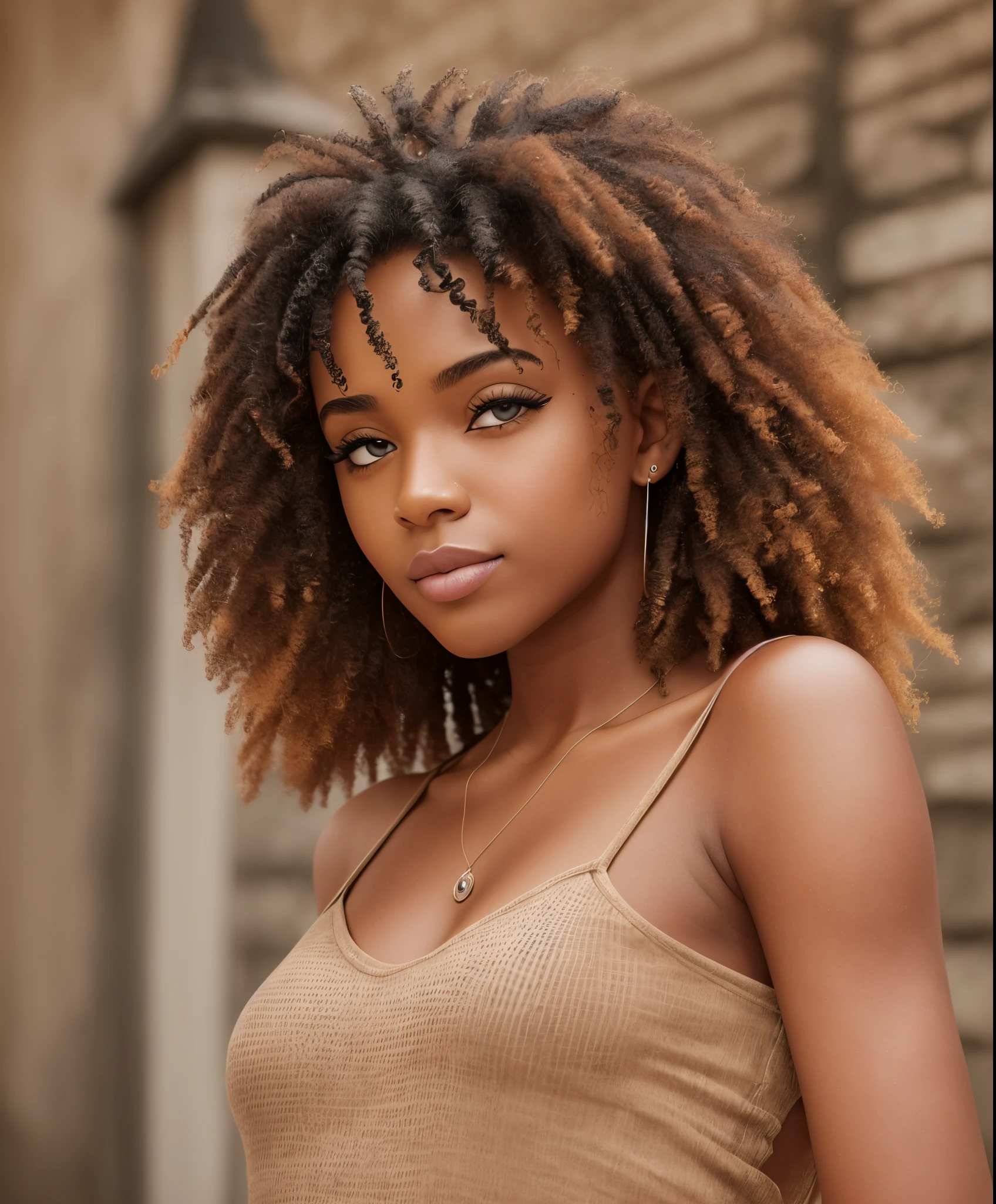 Photo cinematic, a young black woman, curly medium lenght hair, brown eyes --auto --s2