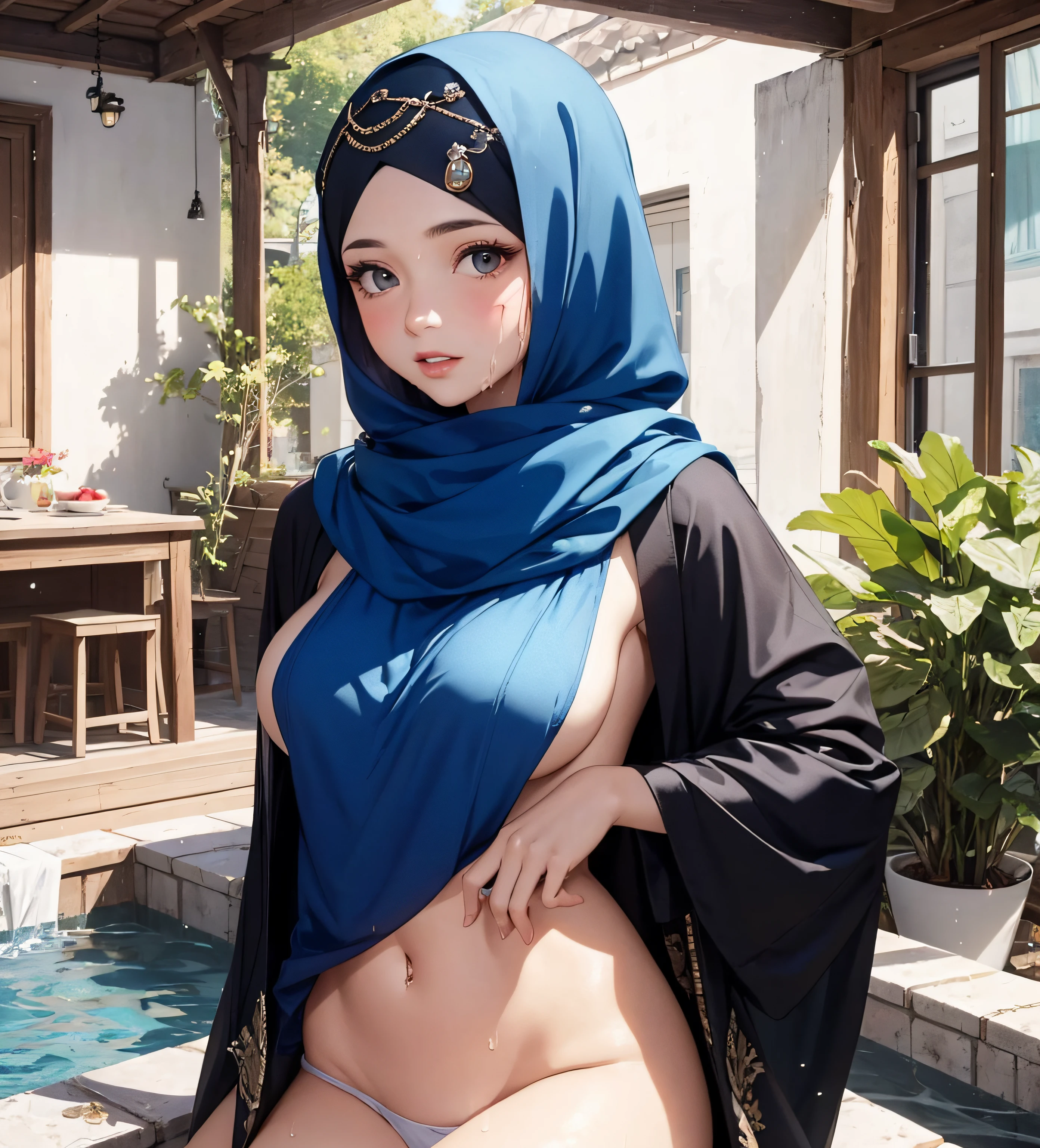 woman wearing a transparent blue hijab, transparent hijab, inspired by Naza, inspired by Shaddy Safadi, ruan cute vtuber, inspired by Fathi Hassan, inspired by Mym Tuma, inspired by JoWOnder, inspired by Ni Yuanlu, inspired by Nazmi Ziya Güran, shawl, with lovely look, faridah malik, beautiful medium breast, exposed breast, (topless), (she wet), (no bra), (no underwear), nipples are visible