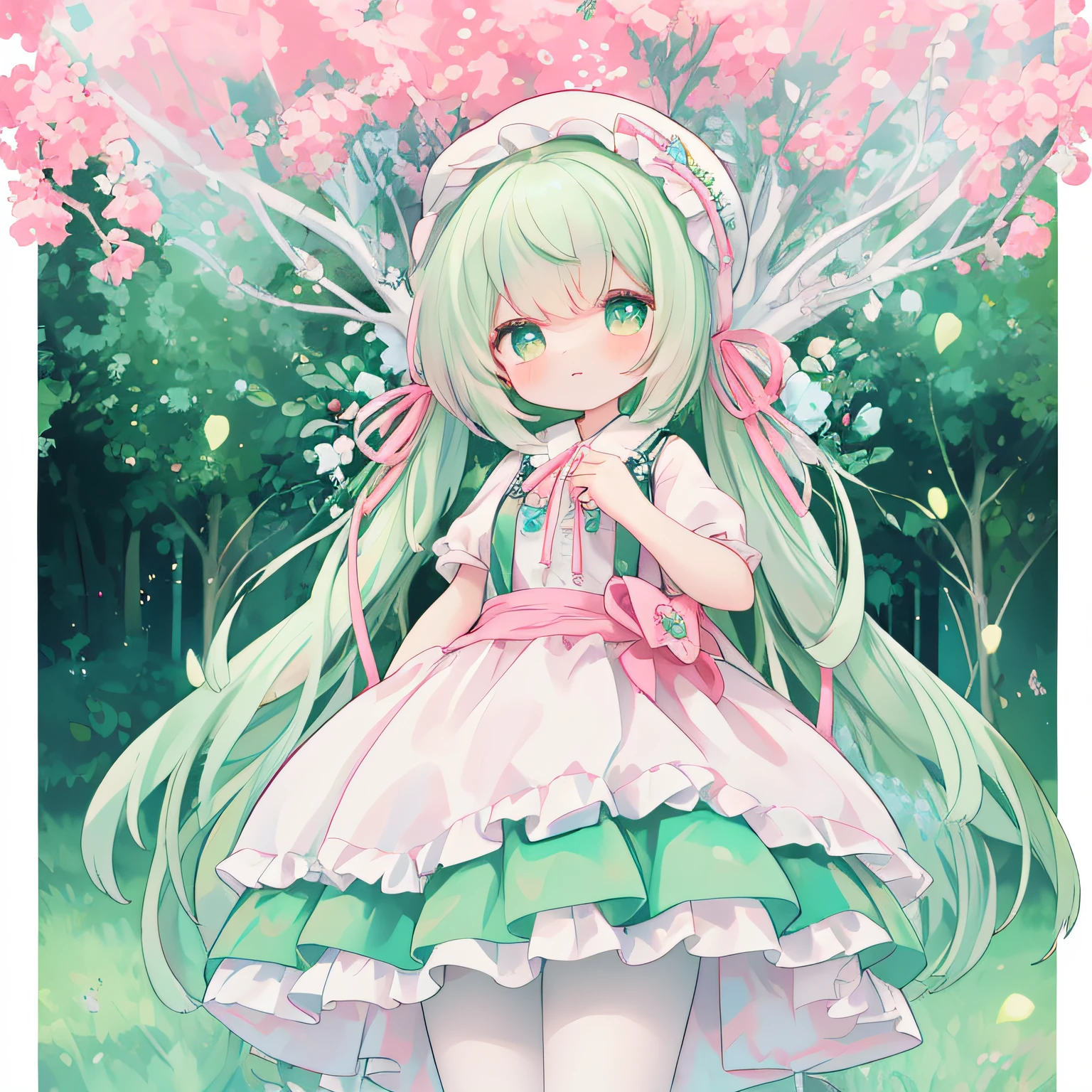 (1 rapariga: 1.3)、BREAK,(Chibi:1.1) 、 (white and light green theme:1.4), ((Gothic lolita, classic and cute fashion):1.2), (Light green classic bonnet on the head:1.4), (Fusion of light green jumper skirt and white blouse:1.5), (lightgreen (overall skirt, jumper skirt) With white frills:1.4), (A large light green ribbon on the skirt:1.4), ((Short sleeves, Bishop Sleeve):1.3), (crinoline:1.2), (Oversized multilayer skirt with ruffles:1.3), (White pantyhose:1.2), (Place multi-layered white ruffles on the front of the skirt。。:1.3),
BREAK (The pink skirt has fine embroidery.:1.4), (lowfers:1.1),
,Thick wool gown:0.3