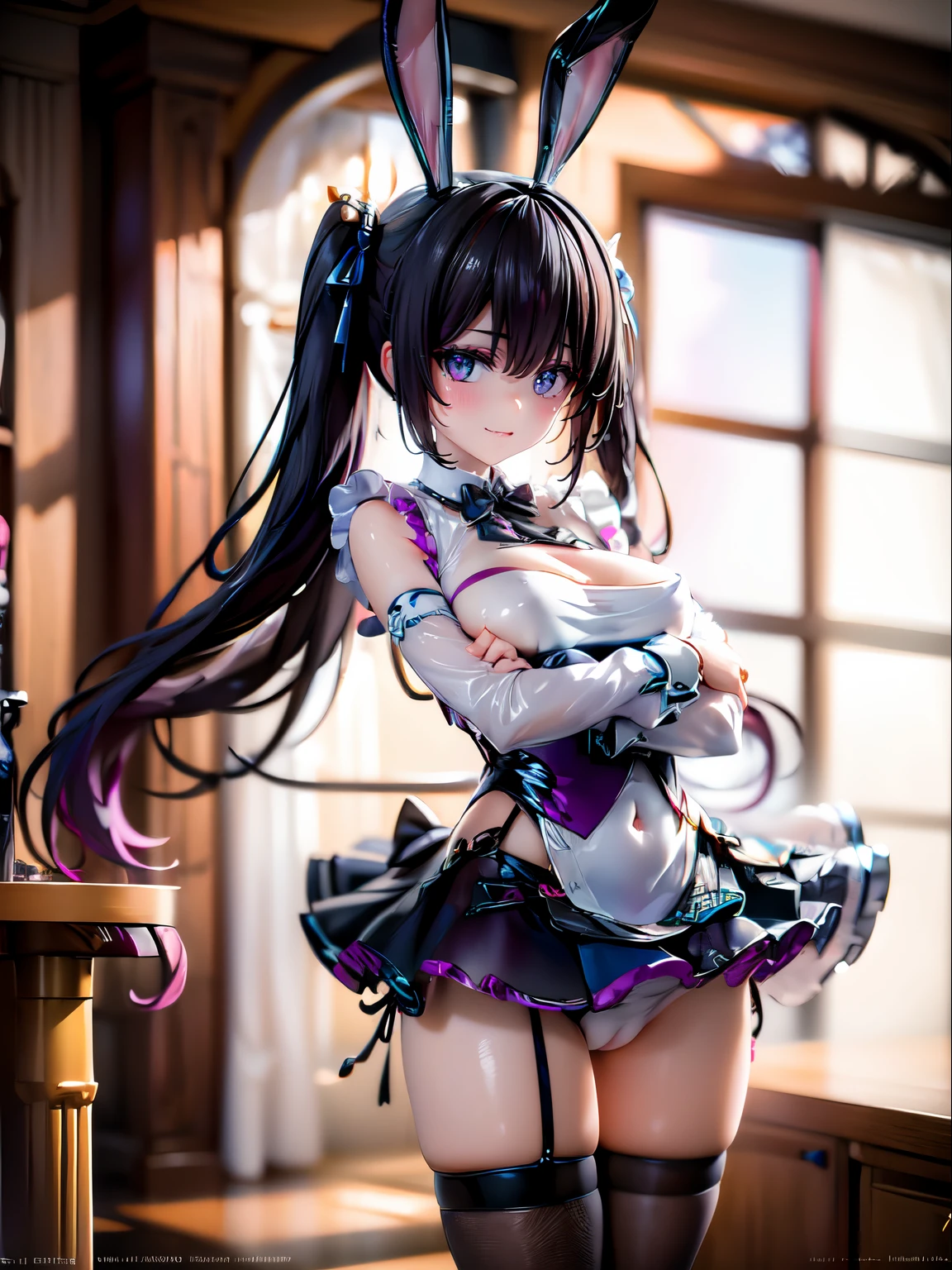 barbara_genshin, A young girl in (fishnet stockings) and bunny ears, bunny girl, ultrarealistic sweet bunny girl, seductive anime girl, bunny, with long floppy rabbit ears, seductive, ((small lively breasts, feminine, small heads)), tits out, long hair fluttering, antique beauty, ((petite slender body:1.8)), detailed eyes, masterpiece, beautiful light up, perfect lighting, ultra-detailliert, ultra quality, HD, Nikon, realism, naughty pose, perfecteyes eyes, (nsfw:0.8), see-through, real skin texture, dynamic_facial_expression, real photo, real photography