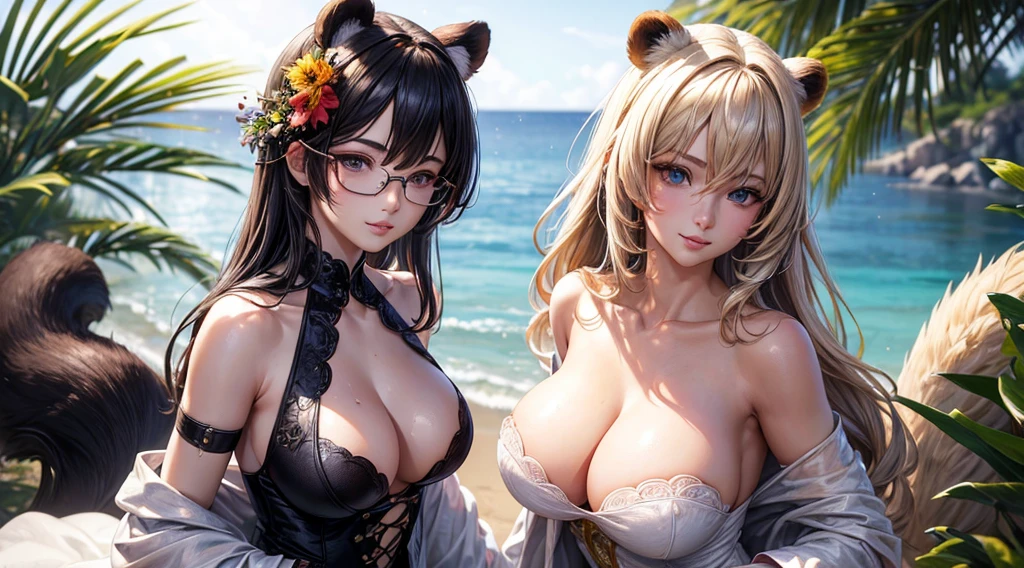 masterpiece, best)), (1girl), (mature woman), open-chest seduction, flared, (kemonomimi panda lady), bangs, medium breasts, glasses lady, (full), slim, smile, [wide hips], standing, 8K picture quality, sexy seduction, (open-chest) (Sharp focus: 1.5), (sharp focus:1.2), (beautiful face:1.1), (eye makeup:1.2), (tight body:1.2), (flowery dress:1.2) (the beach:1.2). (morning sun lighting:1.2), ((Masterpiece)), (highest quality))), (Character design sheet, national costume, same character, front, side, back), (simple background, white background: 1.3) ( Masterpiece:1.2), (Best Quality:1.3) (best quality:1.1) realistic:1.37 long, flowing:1.1 luscious, plump:1.1 sparkling sequins:1.1 subtle, warm:1.1 best quality,4k,8k,highres,masterpiece:1.2, realistic,photorealistic,photo-realistic:1.37, ultra-detailed:1.1 busty animal ears, beautiful, detailed ears:1.1 best quality, 4k, highres, masterpiece:1.2 detailed, piercing eyes:1.1 4k, 8k, highres, masterpiece:1.2 very three-dimensional: 1.2 (8k, best quality, masterpiece:1.2 ((masterpiece, best))