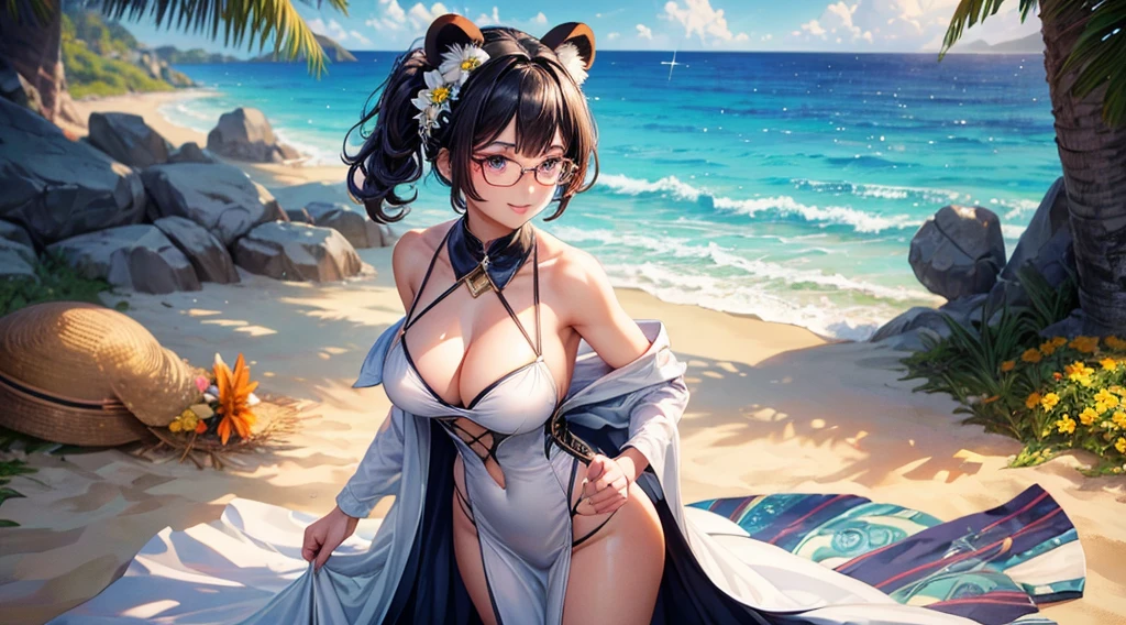 masterpiece, best)), (1girl), (mature woman), open-chest seduction, flared, (kemonomimi panda lady), bangs, medium breasts, glasses lady, (full), slim, smile, [wide hips], standing, 8K picture quality, sexy seduction, (open-chest) (Sharp focus: 1.5), (sharp focus:1.2), (beautiful face:1.1), (eye makeup:1.2), (tight body:1.2), (flowery dress:1.2) (the beach:1.2). (morning sun lighting:1.2), ((Masterpiece)), (highest quality))), (Character design sheet, national costume, same character, front, side, back), (simple background, white background: 1.3) ( Masterpiece:1.2), (Best Quality:1.3) (best quality:1.1) realistic:1.37 long, flowing:1.1 luscious, plump:1.1 sparkling sequins:1.1 subtle, warm:1.1 best quality,4k,8k,highres,masterpiece:1.2, realistic,photorealistic,photo-realistic:1.37, ultra-detailed:1.1 busty animal ears, beautiful, detailed ears:1.1 best quality, 4k, highres, masterpiece:1.2 detailed, piercing eyes:1.1 4k, 8k, highres, masterpiece:1.2 very three-dimensional: 1.2 (8k, best quality, masterpiece:1.2 ((masterpiece, best))