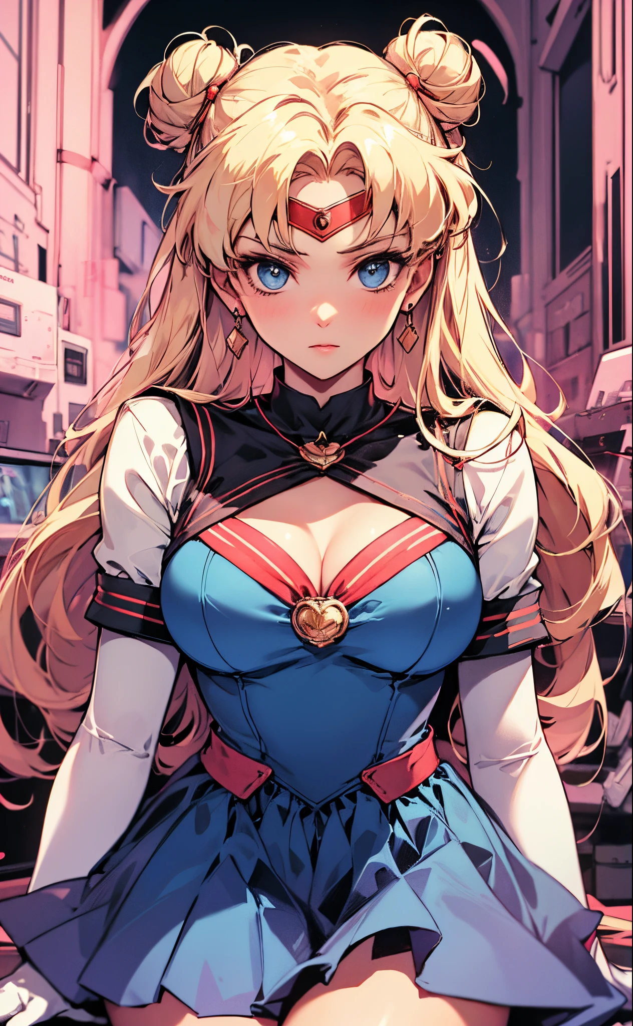 (masterpiece),(sailor moon) (risograph) best quality, full-body shot, expressive eyes, perfect face, medium breast, good breast, beautiful, gorgeous ,sitting on a couch, blonde, medium shot, indoors, lab, cleavage, aausagi, double bun, twintails, parted bangs, circlet, jewelry, earrings, choker, red bow, white gloves, elbow gloves, blue skirt, feminine, blushing,