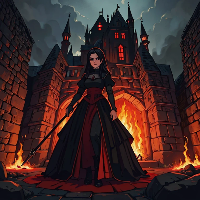 full body standing, A sexy medieval maid woman wearing black clothes with red accents in a medieval and shadowy rocky castle he in a shadowy castle the castle has dark colors black rocky walls and little light a castle with dark warm colors and fire in a medieval art rpg illustration rpg medieval art a not so old woman of 40 years she the maid of the castle