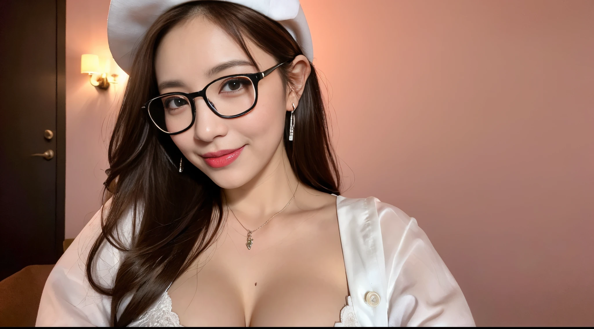 (Best quality, 8k, 32k, Masterpiece, UHD:1.2),Photo of Pretty Japanese woman, 1girl, (long blonde hair), (large breasts), double eyelid, White police uniform, small white nurse (cap), white shirt, open shirt, hospital, patient's room, upper body, sexy