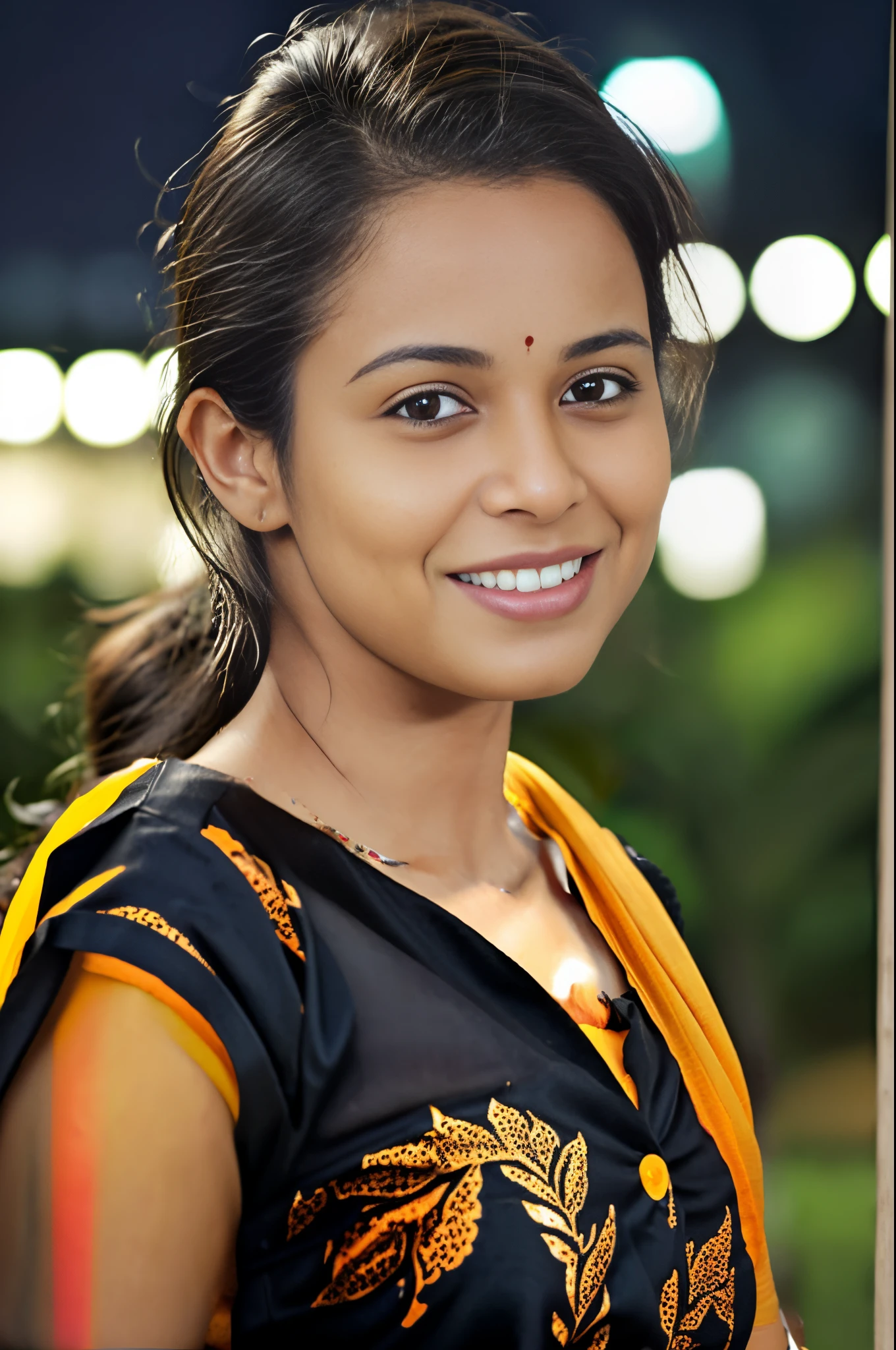 smiling woman in a black blouse and orange and yellow sari, 7 0 mm portrait, closeup portrait shot, 60mm portrait, indian girl with brown skin, mid shot portrait, close - up portrait shot, close up portrait photo, mid-shot portrait of a beautiful, close up portrait shot, close up portrait, medium close up portrait, 50 mm lens photo portrait
