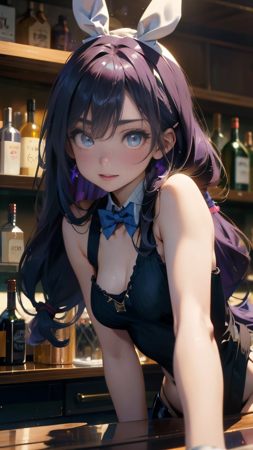 （Lifelike， hight resolution：1.3）， 1 girl with a perfect body， super fine face and eyes，length hair，purple color  hair， Tank top of random colors：1.2， short jeenig tits，Expose cleavage，Full body, (a bar counter、shop front:1.4)、deep-shadows、Beautiful face with detailed face and eyes、blurry backround、20-year-old beauty、shinny skin, Beautiful wavy golden hair、 poneyTail、Beautiful face with blue eyes、blurry backround、 Bunny Girl、High-cut leotards、a bow tie、White cuffs、Thighs wrapped in fishnet stockings Rabbit ears are missing、Have a tray of liquor、crouching down、An embarrassed smile with an open mouth、Curve、