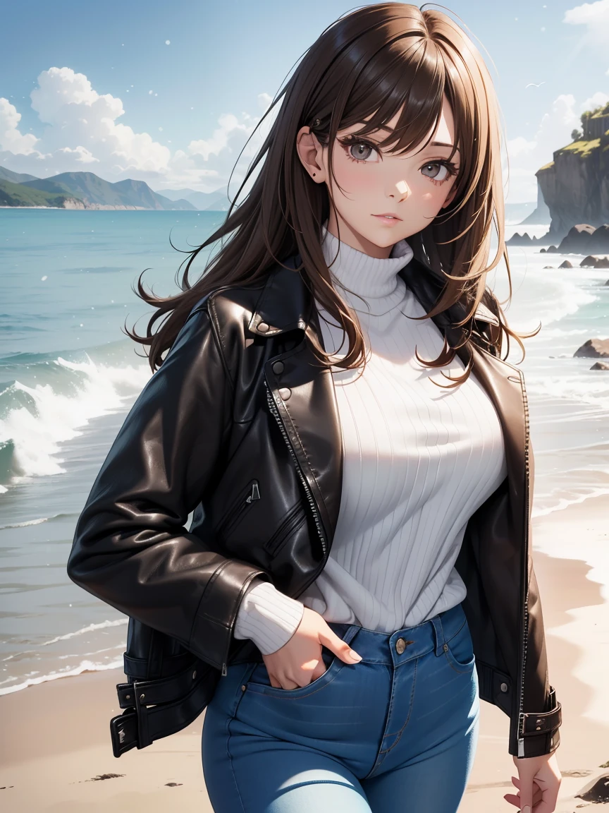 Best Quality, masutepiece, beautiful mature women、Beautiful face、Strong-minded woman、Officelady、(Plain white sweater、jeans、Winter Outfit:1.5)、(brown haired、Bangs are asymmetrical)、(Brown-eyed)、Longhaire、(Black leather jacket:1.5)))、(landscape of a beach)、BREAK(poseing)