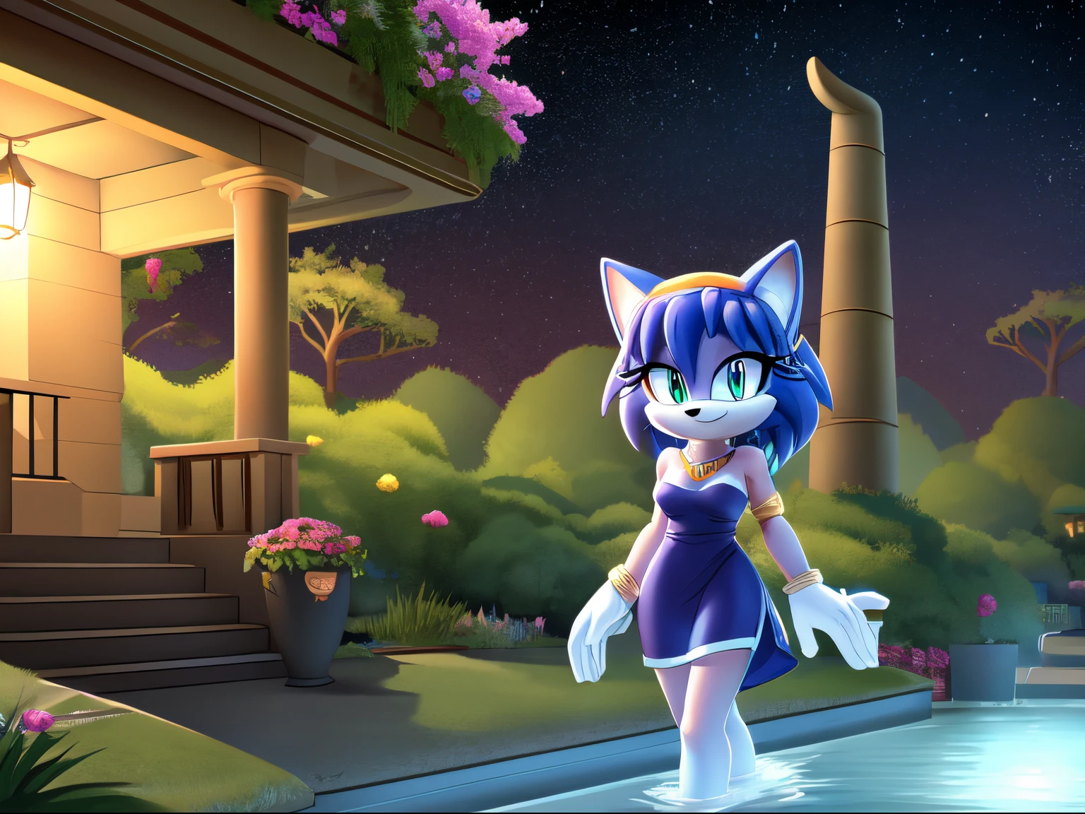 Krystal The Fox, Beautiful, short hair, yellow hairband, smile, Jewelry, Blue Strapless Dress, Long Dress, Long White Gloves, Night, Stars, Looking at Viewer, walking, 2D illustration. A Background of a Roman pillars of Scenic green field with trees lining the sides , adorned with a colorful vibrant flowers. with a Zen garden and fountain, upper body, close up.