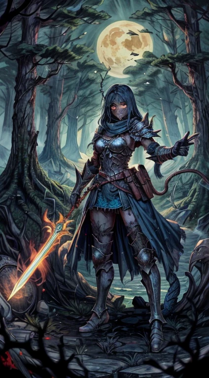 best image quality, masterpiece, super high resolution,
BREAK
(full body standing) (female warrior) standing atop an ancient tomb, shrouded in the eerie glow of the full moon. The female warrior adorned in ancient armor, rusted with age and battle-worn, with a helm that glints ominously in the moonlight. BREAK In one hand, the warrior holds a wickedly sharp sword, while the other hand outstretched, as if beckoning you closer. The tomb beneath the warrior ornately decorated, with intricate carvings of snakes and skulls etched into the stone. BREAK The air thick with the scent of decay and ancient magic, as if the tomb itself alive with dark power. The female warrior's eyes glow with an otherworldly light, and you can almost feel the weight of its gaze upon you. BREAK In the background, the silhouette of a haunted forest looms, with twisted trees and gnarled branches reaching up to the sky like fingers. The tomb itself perched on a cliff overlooking a raging sea, the waves crashing against the rocks far below. BREAK This image captures the essence of dark fantasy and conjures up a sense of foreboding, as if the female warrior a harbinger of doom, standing guard over the secrets buried within the ancient tomb.