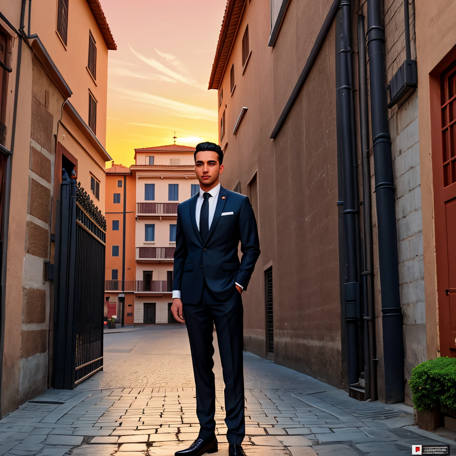 there is a man in a suit and tie standing in front of a gate, Dr. Zeus, inspirado em Ismail Acar, durante a noite, foto de perfil 1024px, Durante a Hora Dourada, arte oficial, during sunset, homem bonito, rome backdrop, Milan Jozing, Alex, Khyzyl Saleem, Album art, inspirado em Nabil Kanso
