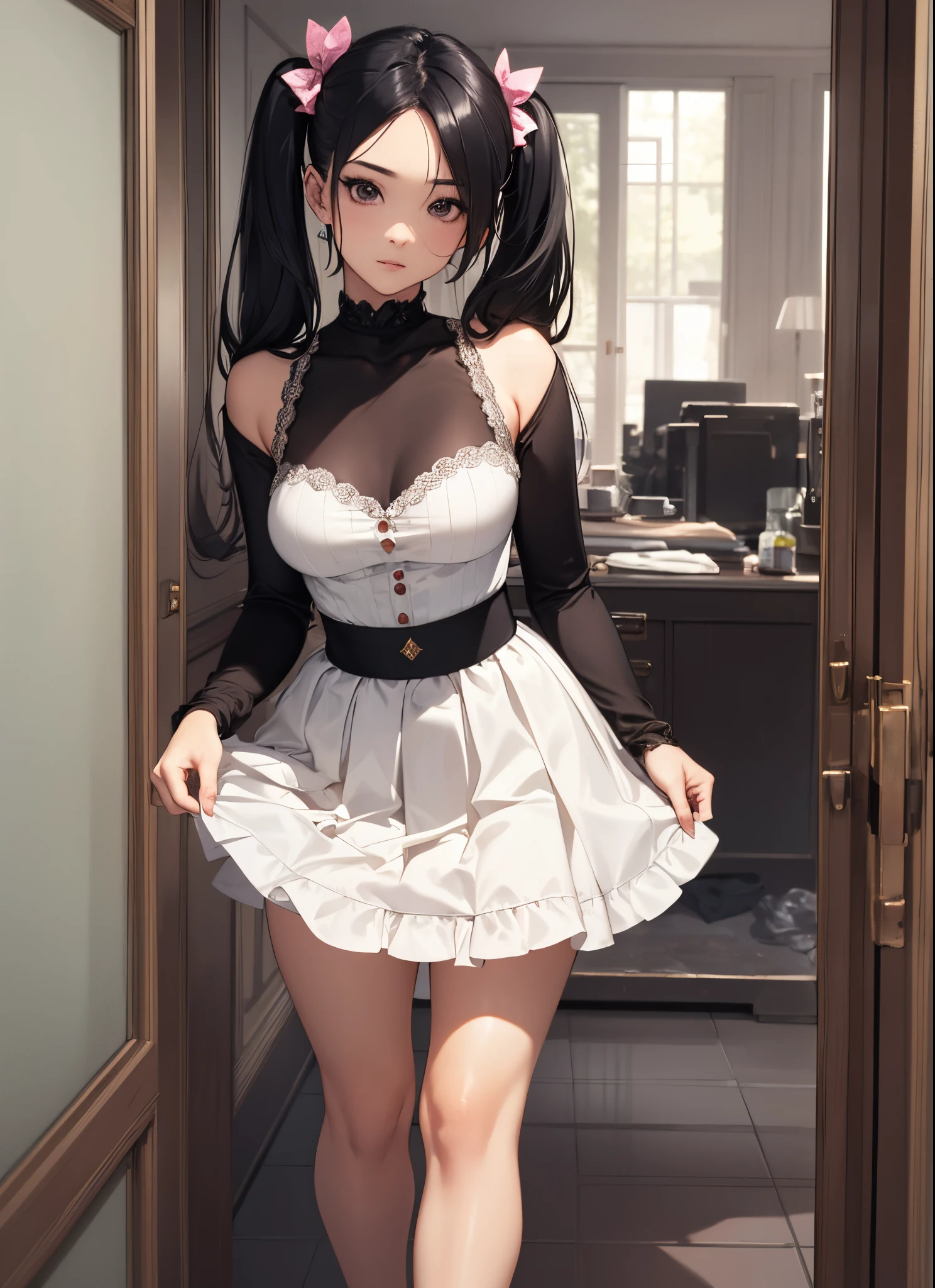 (masterpiece, best quality), beautiful woman, 23 years, soft light, ((ballerina skirt)), bare shoulders, cleveage, long hair, long twintails, hairbows, black hair, alluring, big georgeous eyes, soft smile, perfect slim fit body, blue ballerina shoes, realistic background, elegant apartment, minimalistic apartment, realistic background, bright colors, full body shot, fullbody, medium breasts, solo, cleveage, sexy