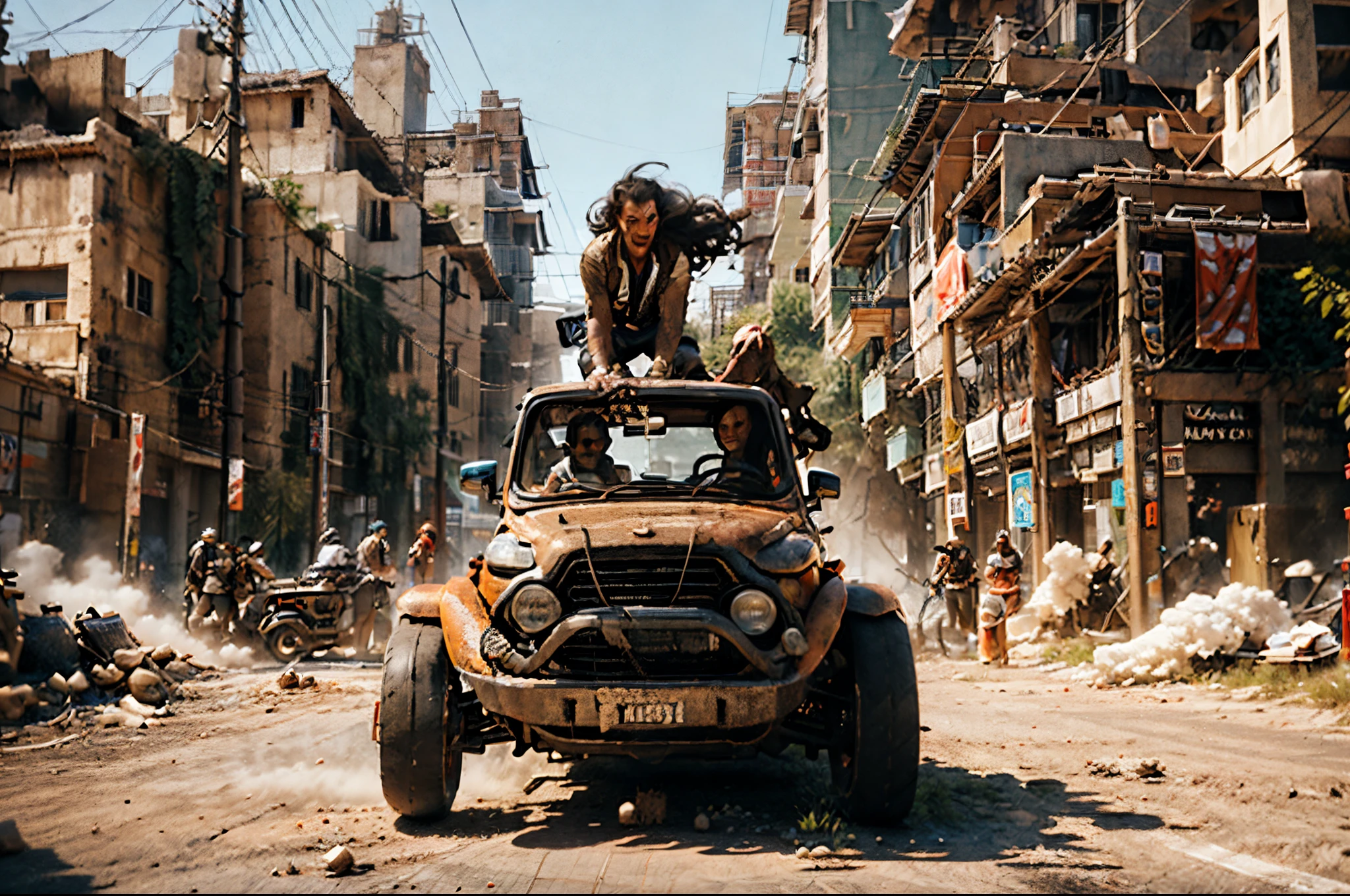 retrofuturism, dieselpunk, mad max, desert, monster trucks, attack, boarding, gunfire, many explosions, jump ahead, dust from wheels, sidecar motorcycles, high speed pursuit, many objects in frame, ultra detail overall, panoramic plan, epic battle,