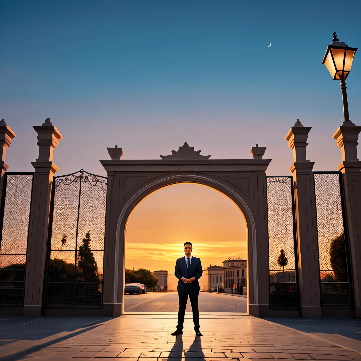 there is a man in a suit and tie standing in front of a gate, Dr. Zeus, inspirado em Ismail Acar, durante a noite, foto de perfil 1024px, Durante a Hora Dourada, arte oficial, during sunset, homem bonito, rome backdrop, Milan Jozing, Alex, Khyzyl Saleem, Album art, inspirado em Nabil Kanso