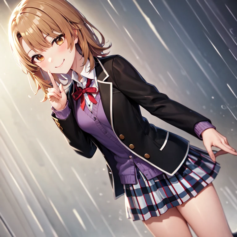 Isshiki Roha, shorth hair, brown haired, wetting hair,Brown-eyed, skirt by the, Bad Hand,Well-formed five-finger,Wet shirt, bow ribbon, 校服, jaket, Sheer white shirt, Open your clothes, sockes, Open jacket, Black jacke, Plaid, , plaid skirts, blazers, Cardigan, Black socks, Pink cardigan, sobu highschool uniform, A smile, Solo,Black Pantyhose King,rain falling