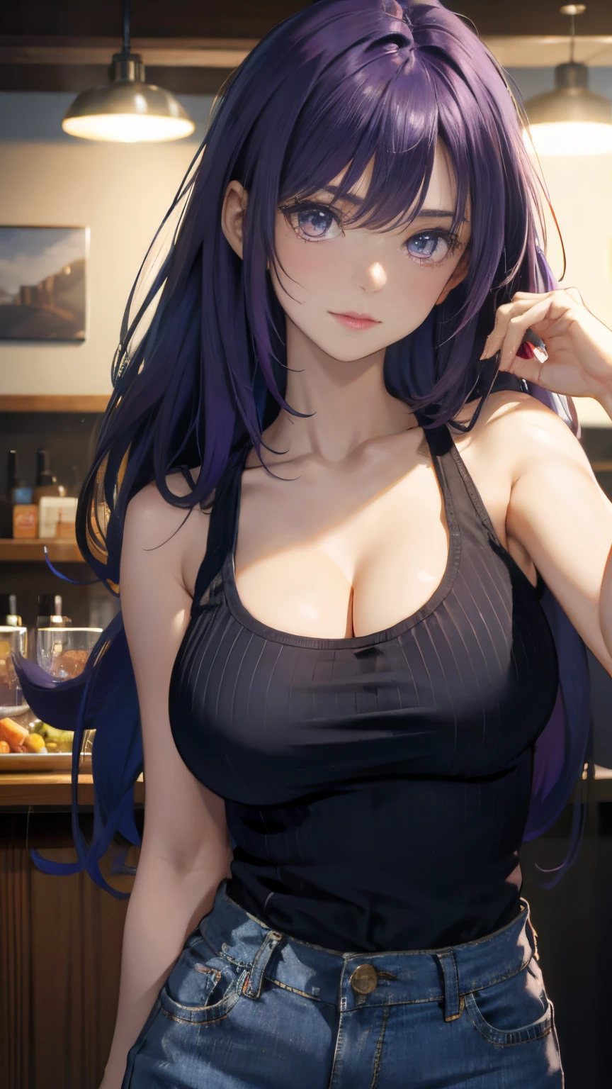 (Lifelike, hight resolution:1.3), 1 girl with a perfect body, super fine face and eyes,length hair,purple color hair, Tank top of random colors:1.2, Short jeans, Big boob,Expose cleavage