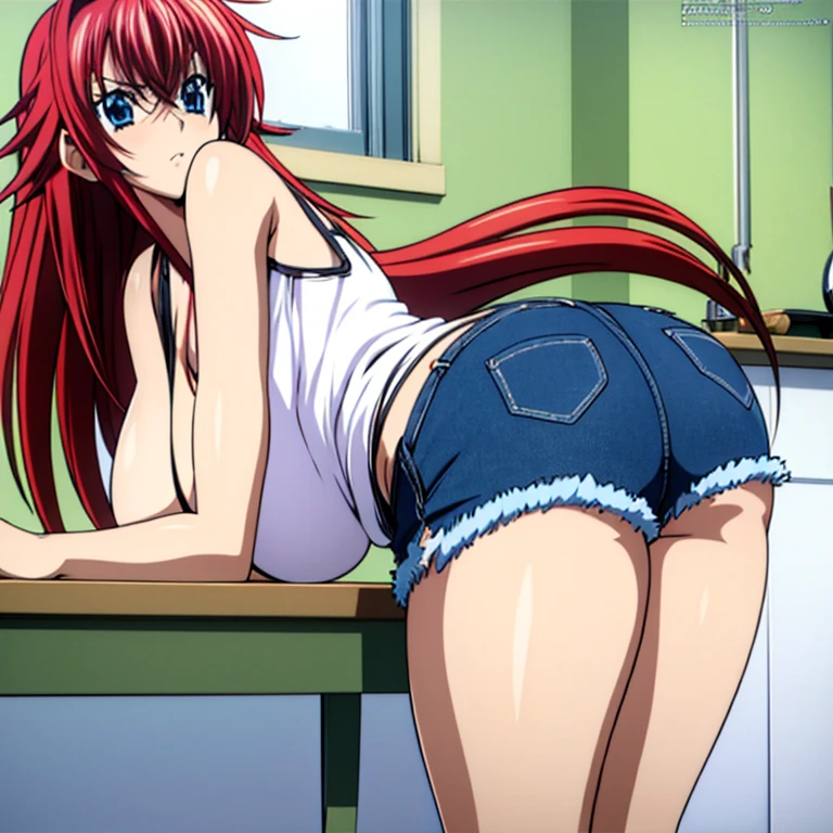 1girl, solo, detailed face, detailed eyes, rias gremory, standing, huge breasts, huge ass, wide hips, curvy, voluptuous, sexy, slutty expression, denim shorts, short shorts, g-string, (white tank top:1.1), window, indoors