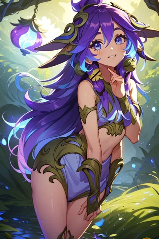 1girl, Lillieado centauro:1.2),cabelo roxo,cabelos longos,olhos azuis,Pelo,sorrir,cara feliz,happy expression,Floresta,fundo da floresta,(de cima),master part,extremamente detalhado CG unidade 8k papel de parede, best quality,32k,foco nítido,