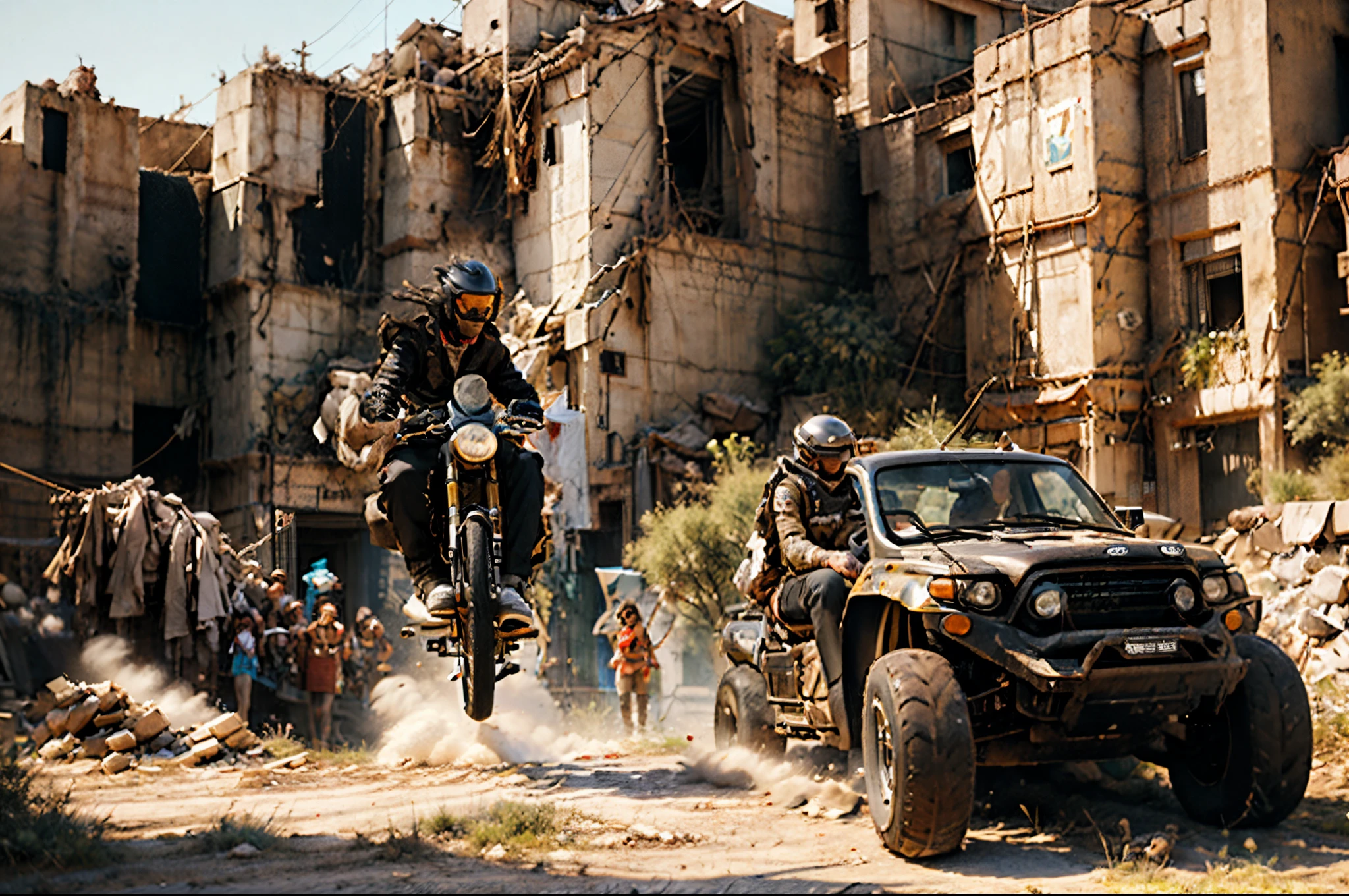 retrofuturism, dieselpunk, mad max, desert, monster trucks, attack, boarding, gunfire, many explosions, jump ahead, dust from wheels, sidecar motorcycles, high speed pursuit, many objects in frame, ultra detail overall, panoramic plan, epic battle,