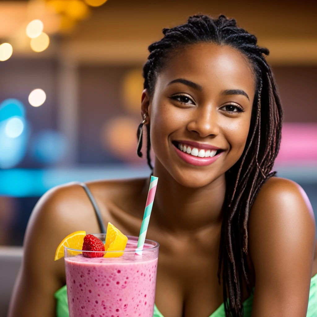 A beautiful young African American is happilly drinking and enjoying a frozen fruit smoothie, HQ photograph, masterpiece, unltra realistic, summer lightning, 8K, looking to the camera, beautiful smile