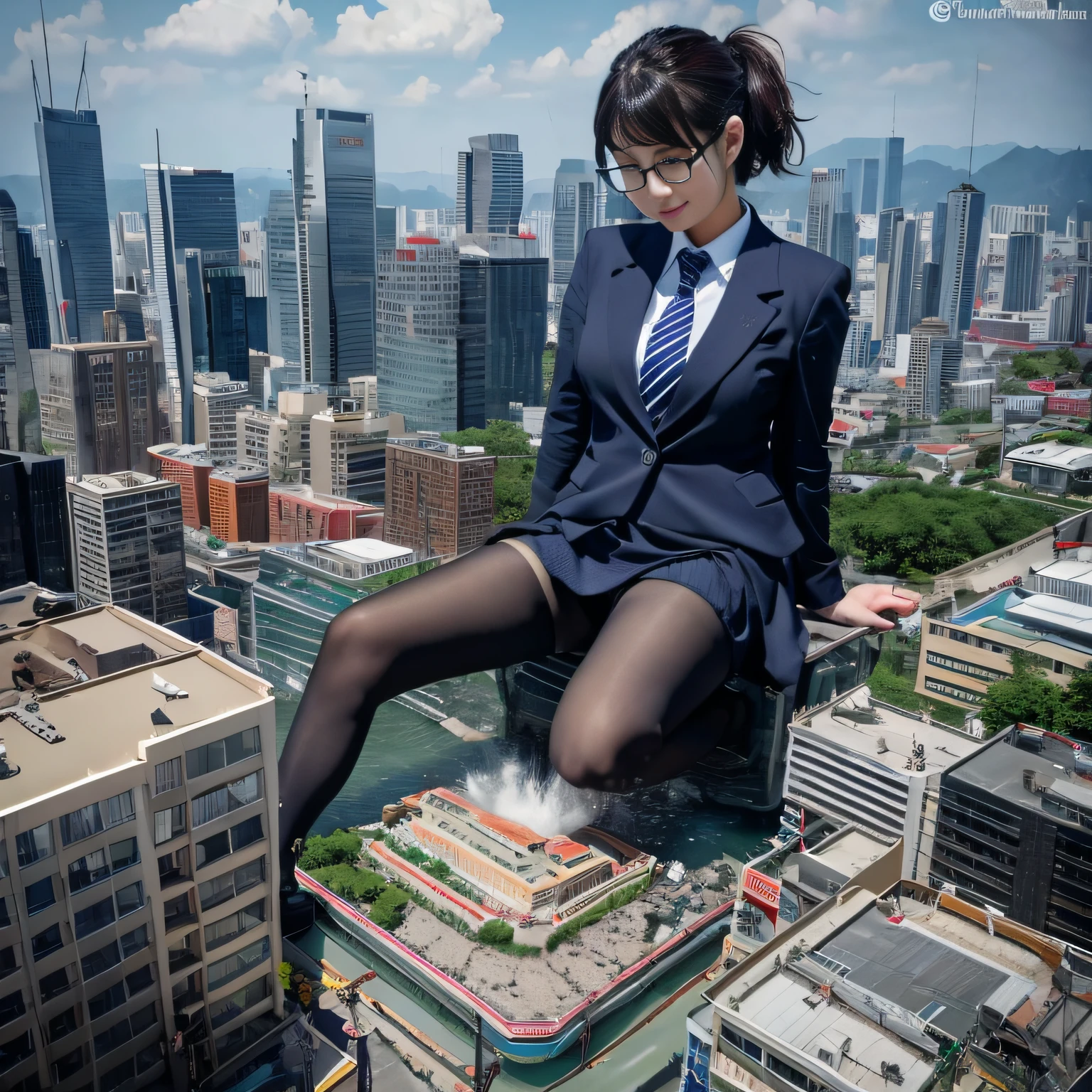 Multiple girls, giantess art, a hyperrealistic schoolgirl, , highly detailed giantess shot, der riese, Shorthair, Black pantyhose, Giant high school girl much bigger than a skyscraper。Wearing rimless glasses。Colossal tits。Navy blue blazer、Red tie、Mini Length Skirt、Black pantyhose、I'm not wearing shoes.。very small metropolis。miniature metropolis。In a miniature metropolis just a few feet tall.、squatting and urinating。Urine Falls。torrent of urine。sea of urine。Small trains and cars are washed away with urine.。Full body depiction。nffsw, der riese, Black pantyhose, Pantyhose legs, Pantyhose feet, ,Stomping City,crash city,Small town,micro city, Peeing,