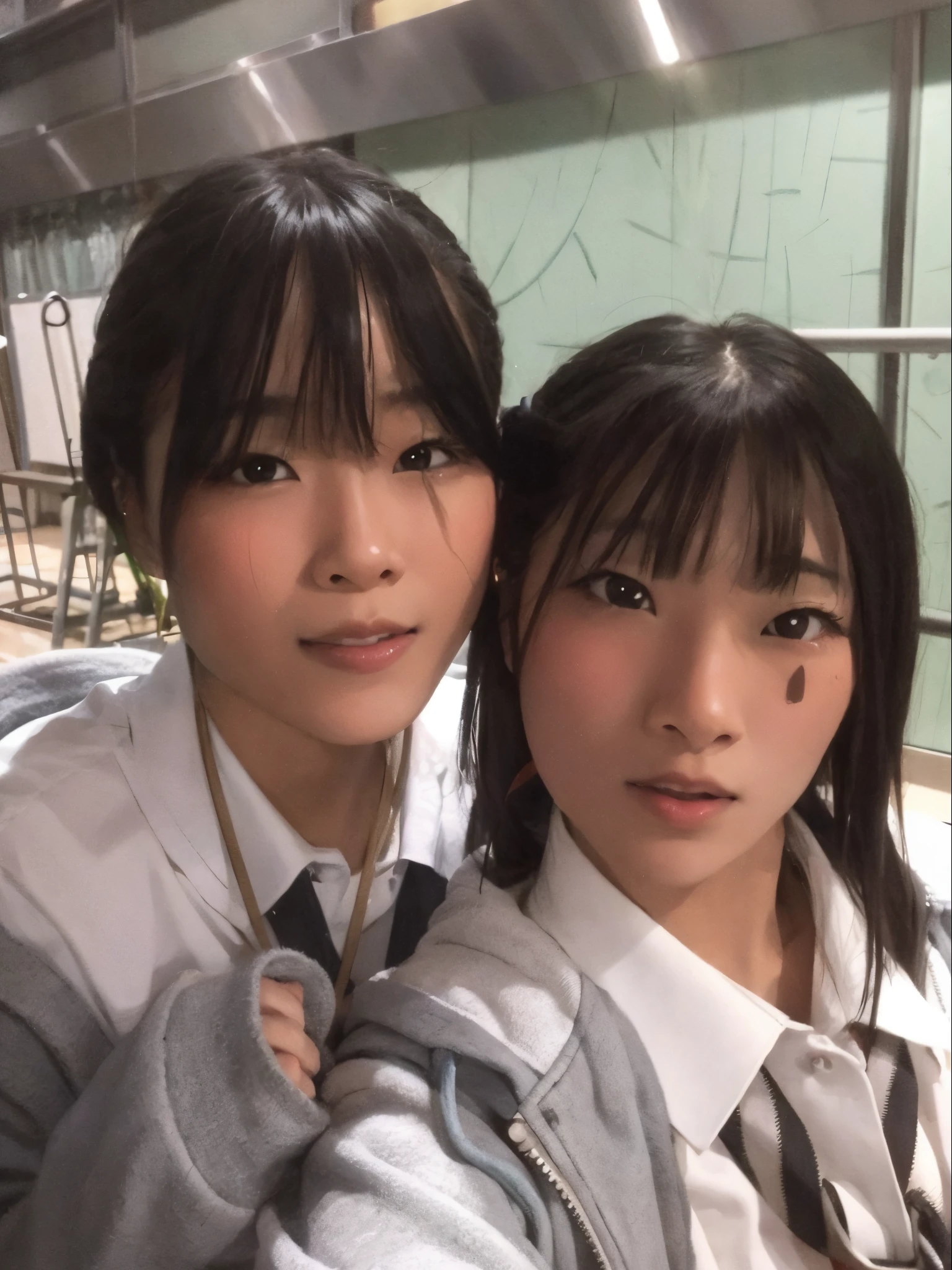8k,masterpiece,Japanese,best quality, two (schoolgirls:1.1), (kiss:1.2), reluctantly, on crowded train, (breasts:1.3) , (shirt:1.6)