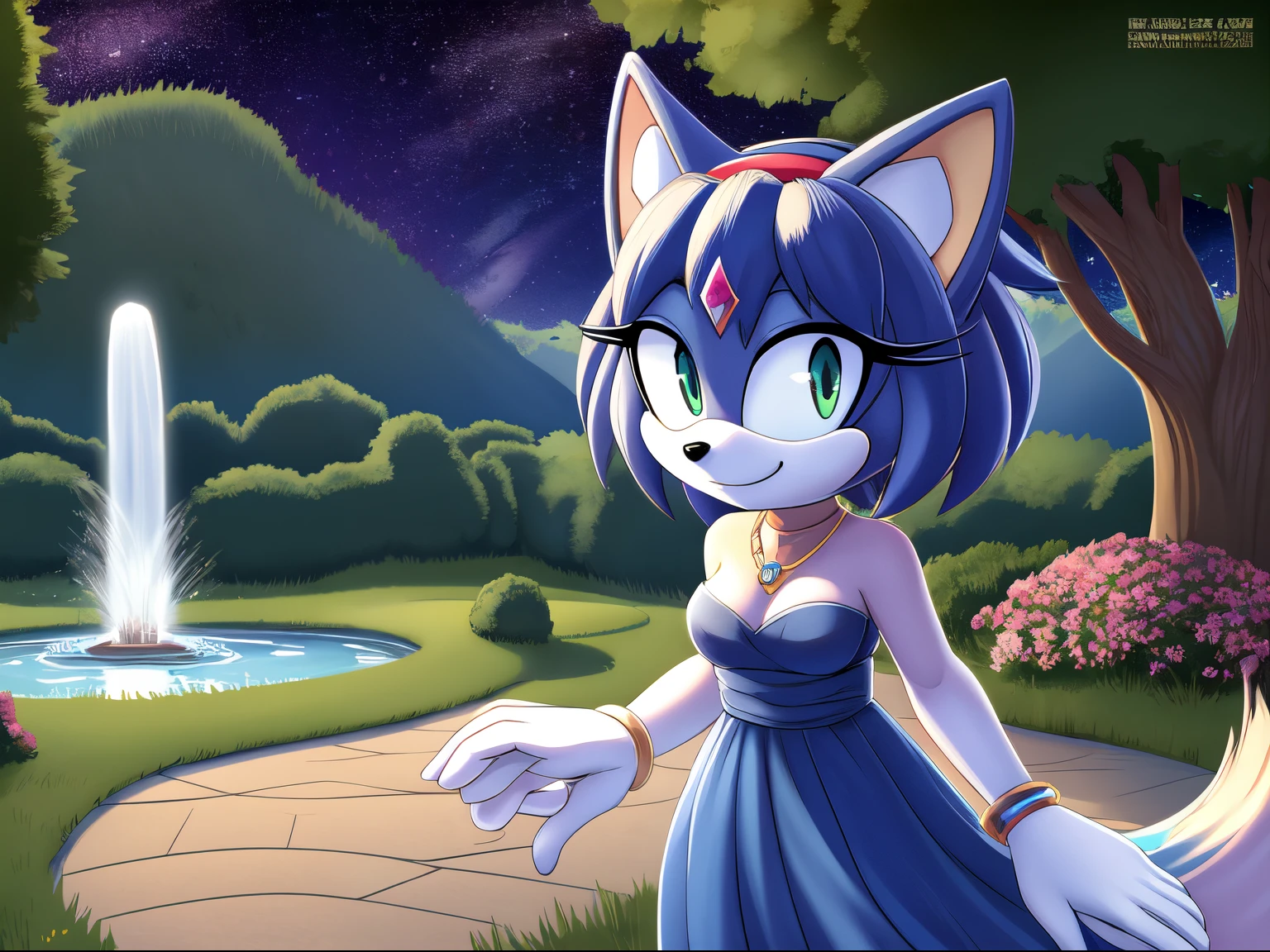 Krystal The Fox, Blue Fox, Beautiful, short hair, yellow hairband, smile, Jewelry, Blue Strapless Dress, Long Dress, Long White Gloves, Night, Stars, Looking at Viewer, walking, 2D illustration. A Background of a Roman pillars of Scenic green field with trees lining the sides , adorned with a colorful vibrant flowers. with a Zen garden and a water fountain, upper body, close up.