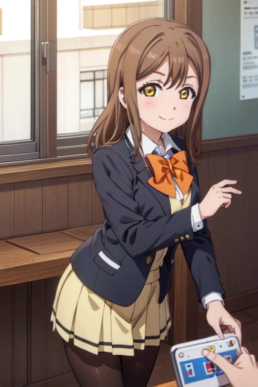 (((pixel perfect, Detail Perfect))),bad hnad，Solo, 1girl in, Hanamaru Kunikida, uranohoshi school uniform, bowtie, Looking at Viewer, Smile，black pantyhose king