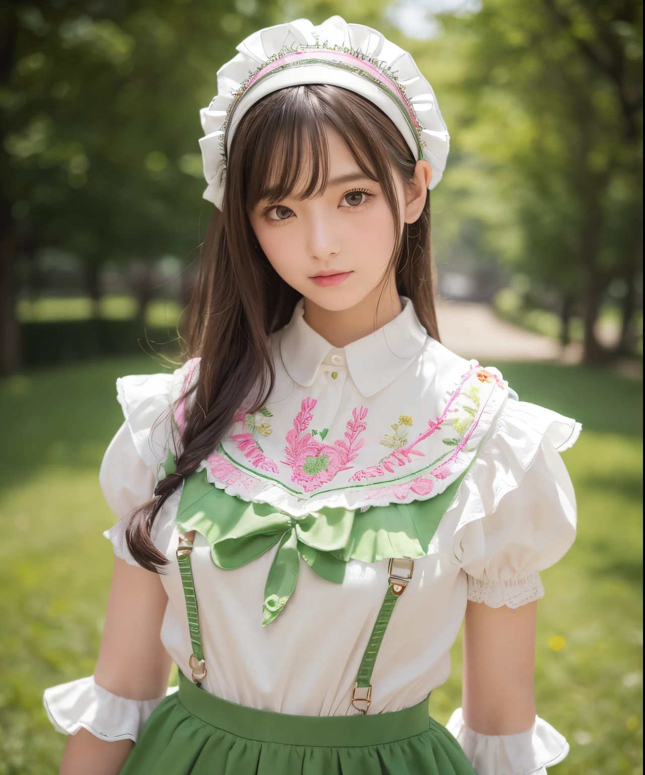 BREAK (white and light-green theme:1.4), ((gothic lolita, classic and cute fashion):1.2), (light-green classic-bonnet on head:1.4), (fusion of light-green jumper-skirt and white blouse:1.5), (light-green (overalls skirt, jumper-skirt) with white ruffles:1.4), (big light-green ribbon bow on skirt:1.4), ((short sleeves, bishop sleeves):1.3), (crinoline:1.2), (oversized multilayer-skirt with ruffles:1.3), (white pantyhose:1.2), (Place multi-layered white ruffles on front of the skirt:1.3),
BREAK (pink Detailed embroidery on skirt:1.4), (loafers:1.1),