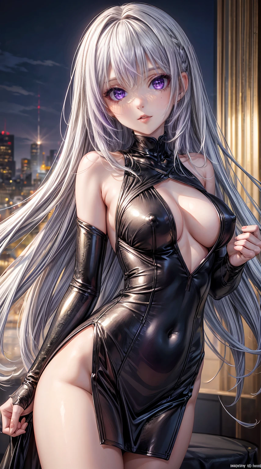 8K, Ultra High Definition, Super detailed, young girl of 18 years, Shiny detailed hair, detailed face, normal landscape, solo, looking at viewer, {{best quality}}, {{masterpiece}}, {{ultra-detailed}}, {detailed light}, ultra high quality eyes, detailed eyes, perfect eyes, large eyes, purple eyes, wearing a metallic dress, white hair, long hair, beautiful, skinny body, White skin, slutty, erotic, blushing, open mouth, standing in suggestive pose, ((nsfw))