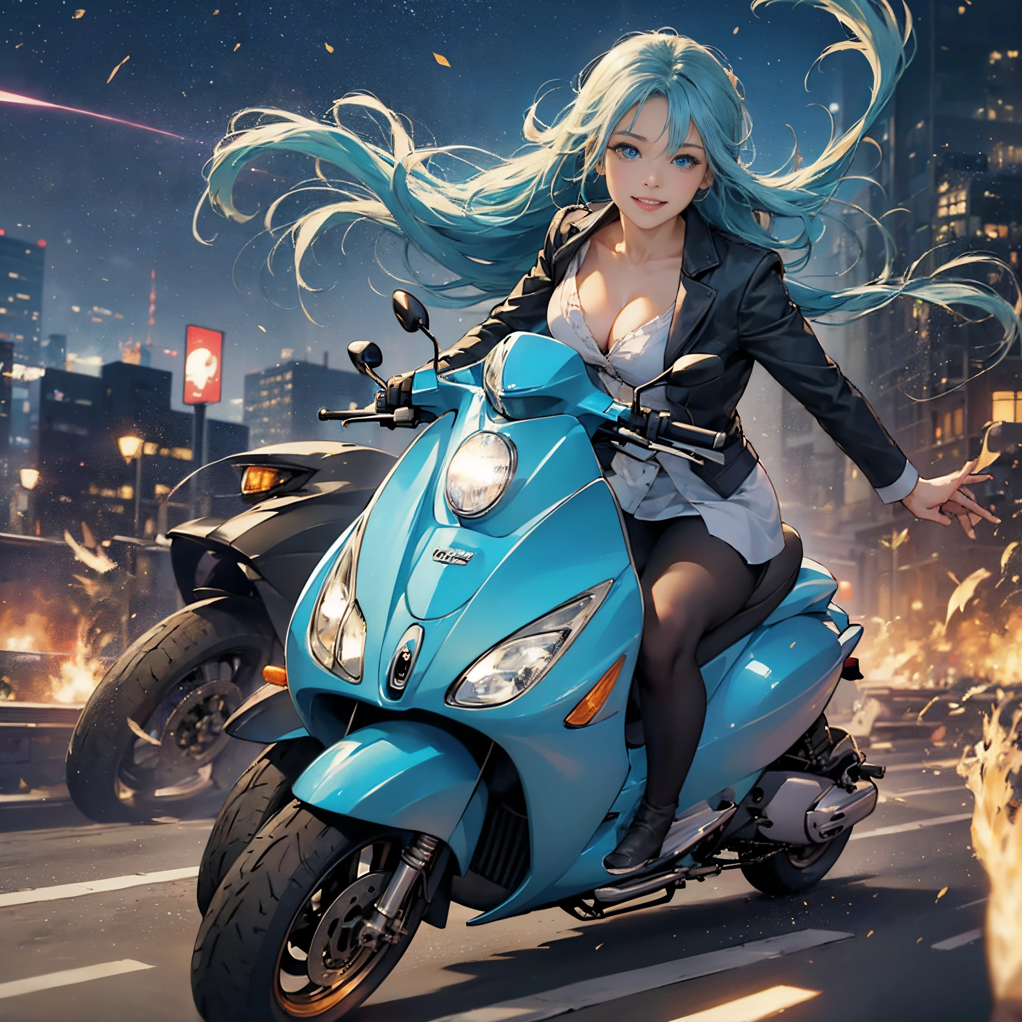 Yokohama city with high-speed port(speeding)scooter(Vespa)、(slow motion:1.3)、(motion-blur:1.3)、(SPEEDLINE:1.4)、Sense of speed、
mermaid、Long blue hair、A smile、(middlebreasts、cleavage of the breast)、、(blue eyess、二重まぶた、long eyeslashes)、sparks and smoke from tires、