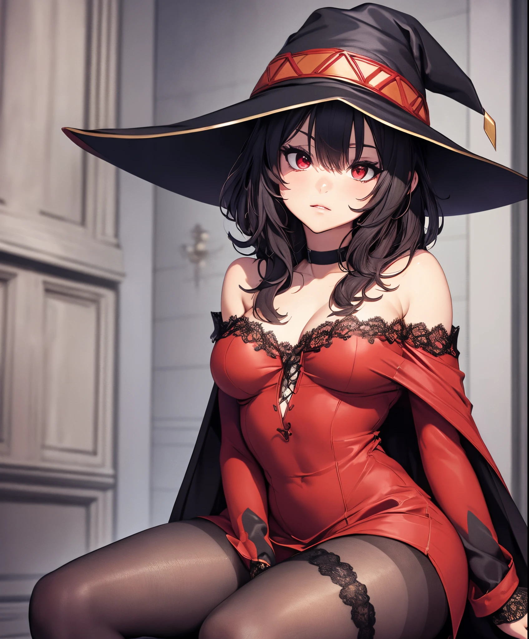 masterpiece, best quality, best illustration, HDR, beautiful details, intricate details, detailed scenery, dramatic light, best shadow, (full body), (1girl),  megumin, bare shoulders,black gloves, black hair, cape, choker, collarbone, dress, hair between eyes, hat, long sleeves, looking at viewer, medium hair, off-shoulder dress, off shoulder, red dress, red eyes, sidelocks, solo, witch hat, indoors, cleavage, big breasts, ((intricate deailed lace pantyhose))sit on the floor