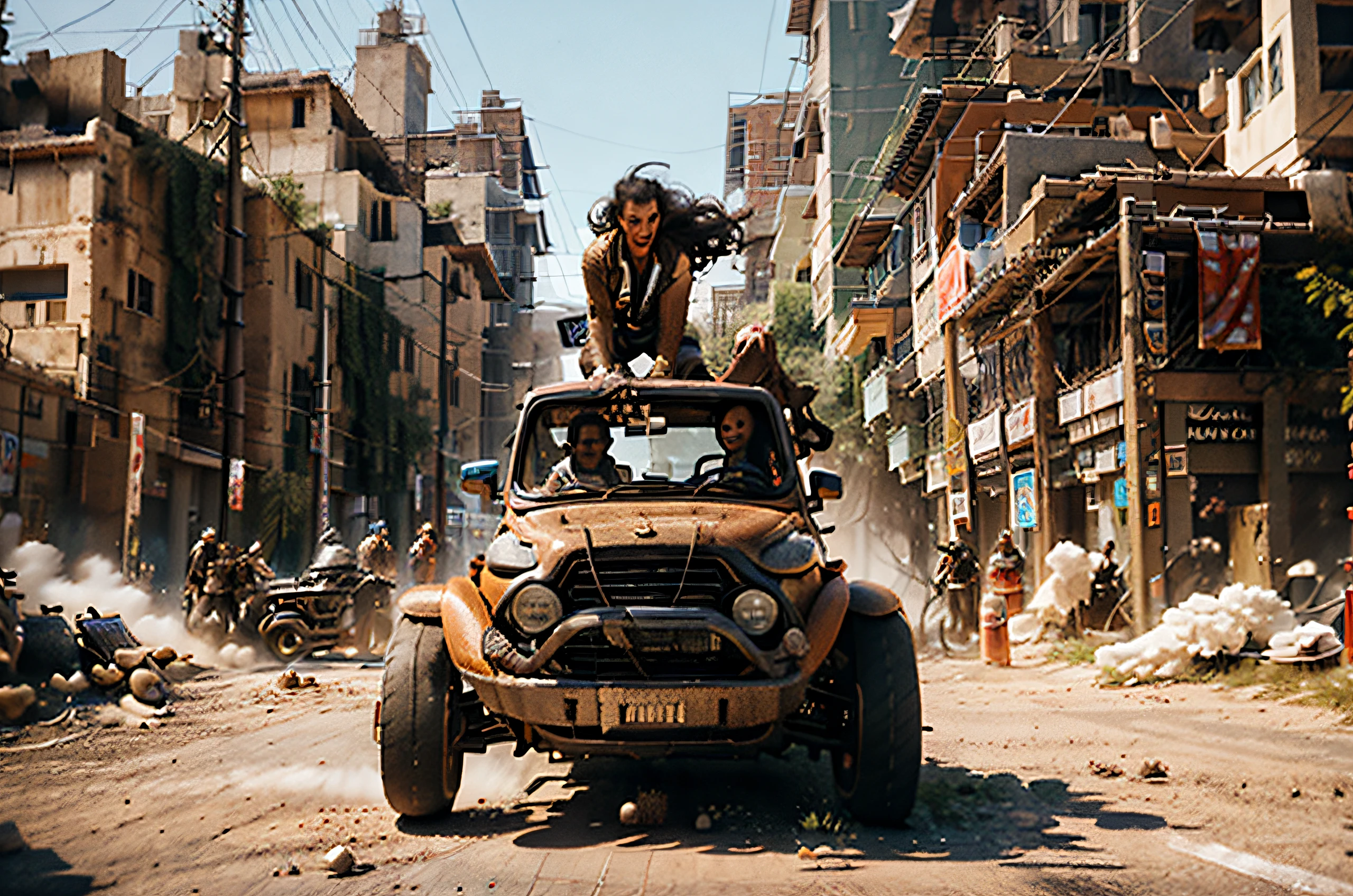 retrofuturism, dieselpunk, mad max, desert, monster trucks, attack, boarding, gunfire, many explosions, jump ahead, dust from wheels, sidecar motorcycles, high speed pursuit, many objects in frame, ultra detail overall, panoramic plan, epic battle,