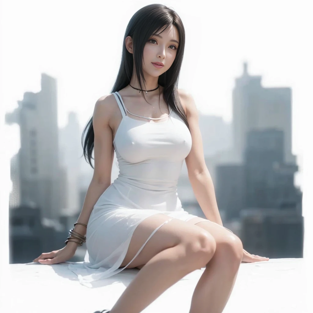(best quality,ultra-detalhado),(Realistic:1.37),Tifa Lockhart, Rosto bonito e detalhado, maquiagem preta nos olhos, textura ultra realista, rosto delicado, corpo delicado, Fit physique, usando batom e brilho labial, sorriso fofo